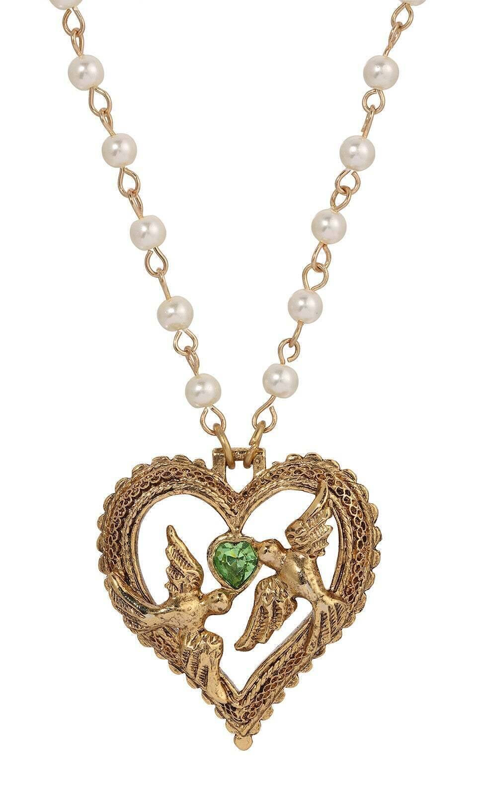 1928 Jewelry Crystal Heart Love Birds Pendant Necklace 15" + 3" Extension