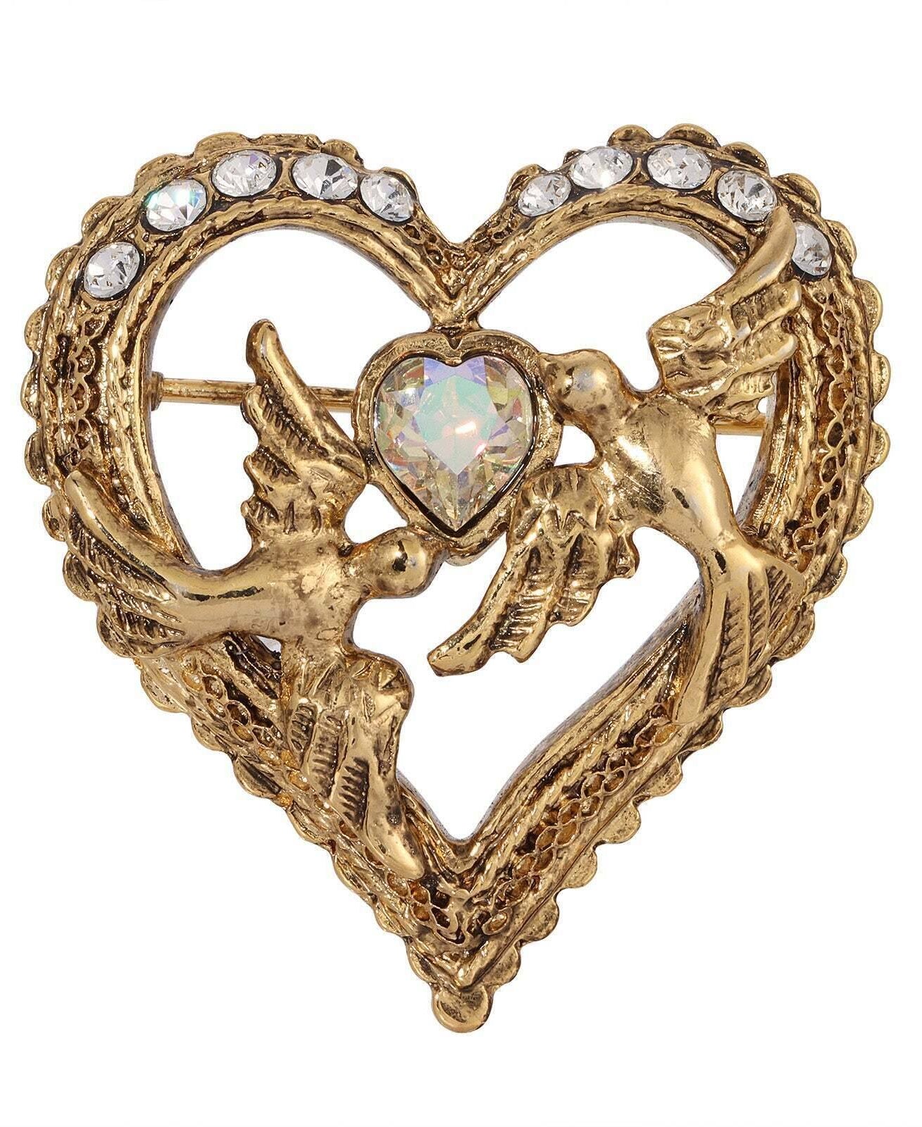 1928 Jewelry Crystal Heart Love Birds Pin