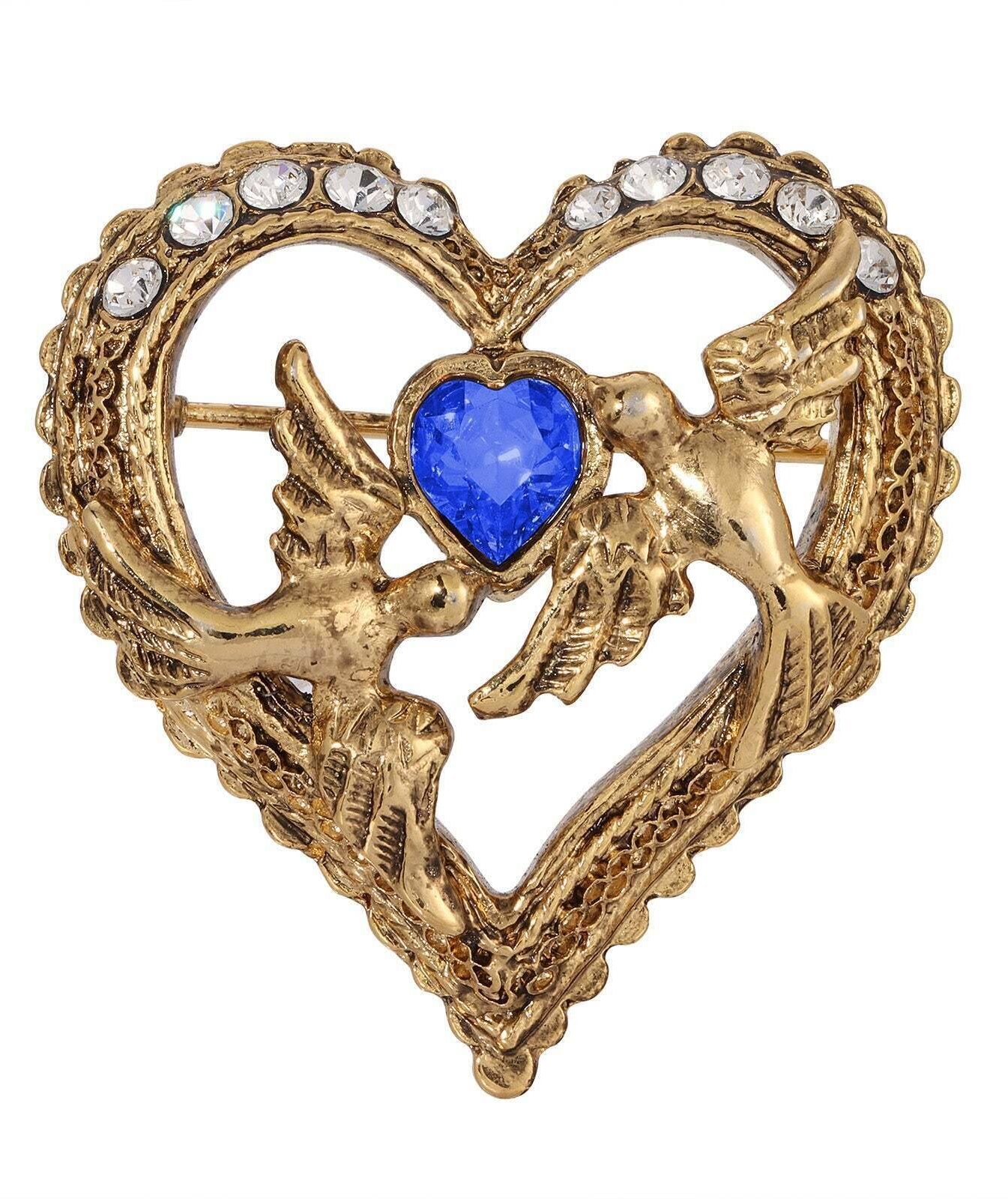 1928 Jewelry Crystal Heart Love Birds Pin