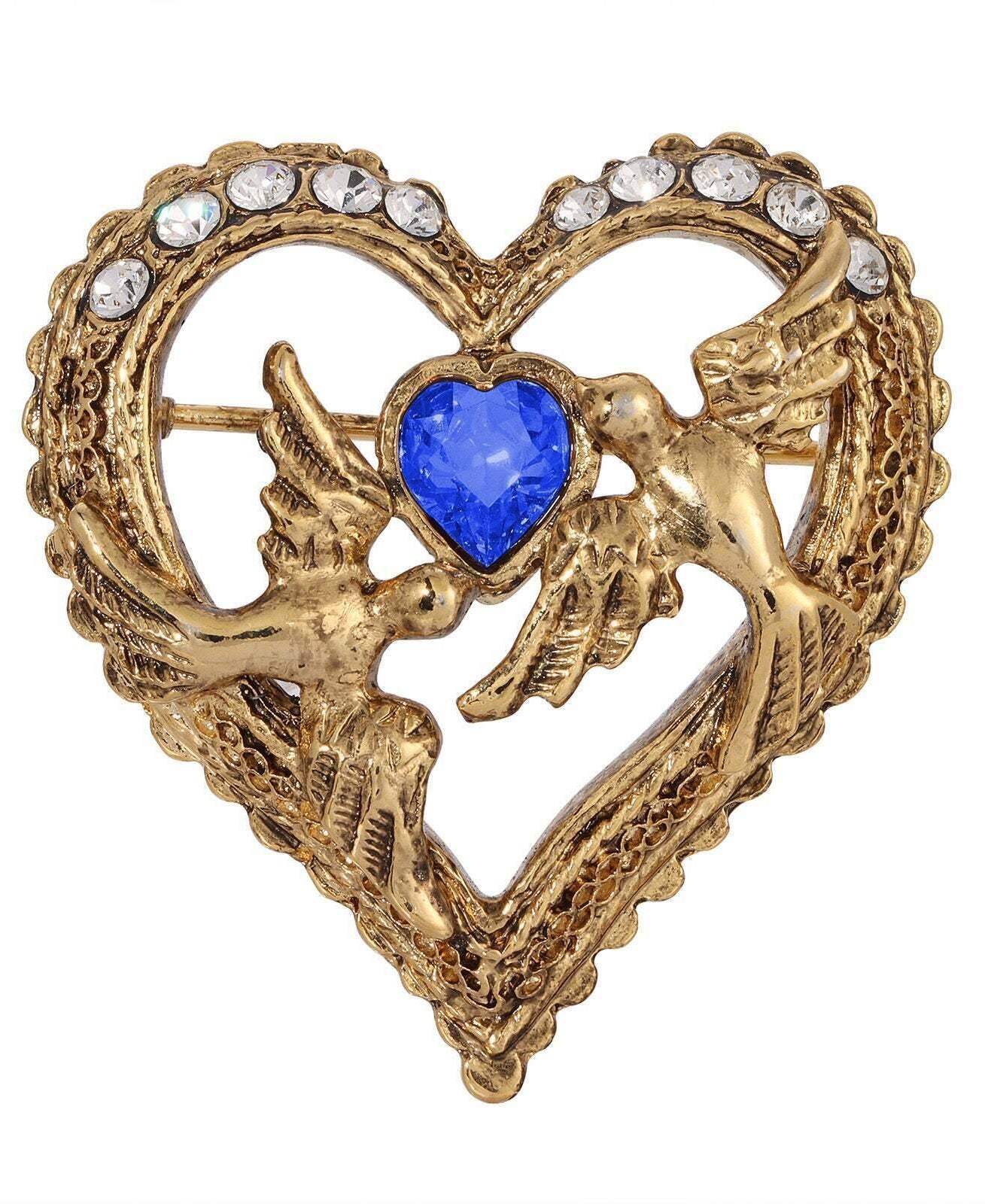 1928 Jewelry Crystal Heart Love Birds Pin