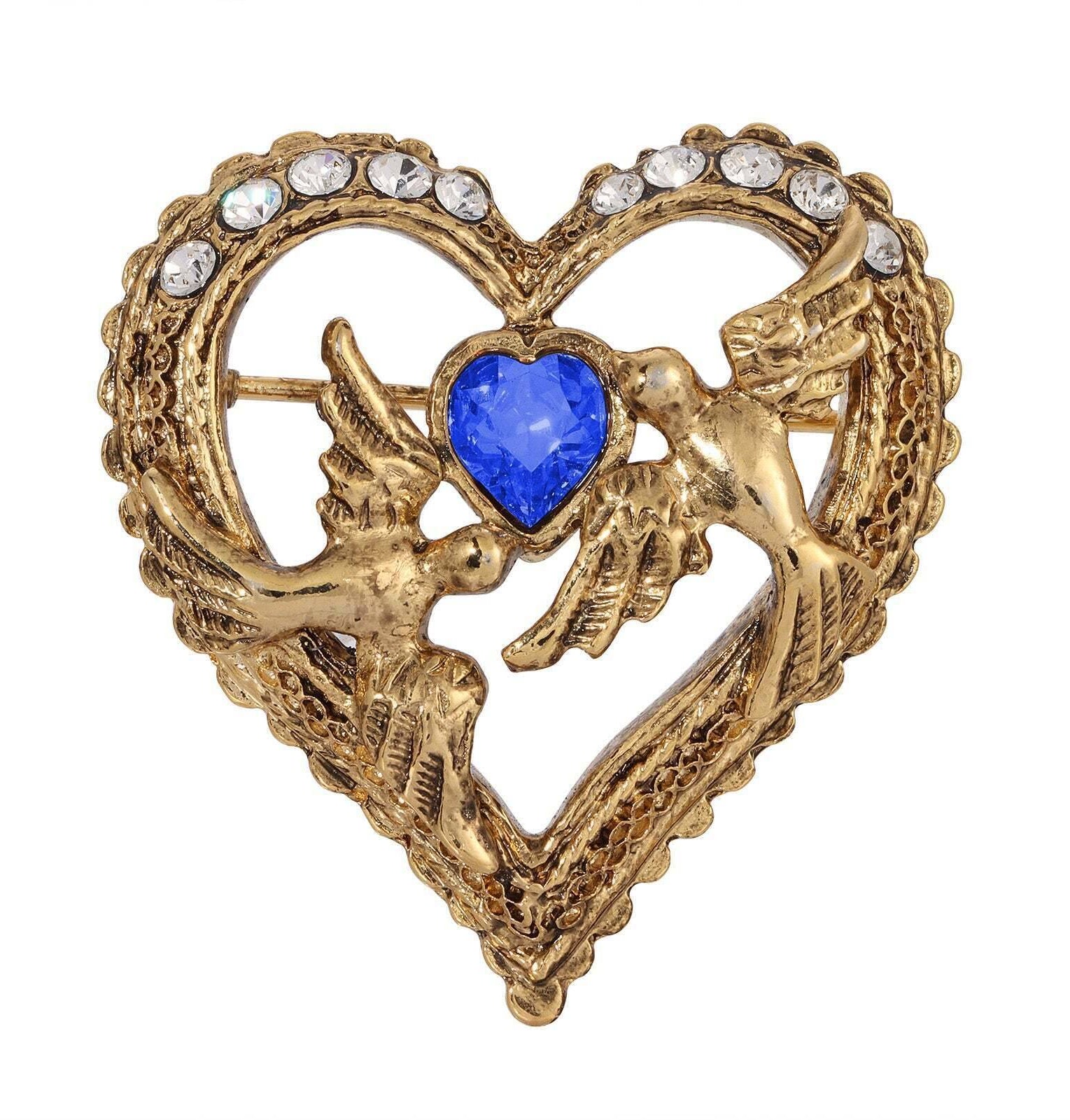 1928 Jewelry Crystal Heart Love Birds Pin
