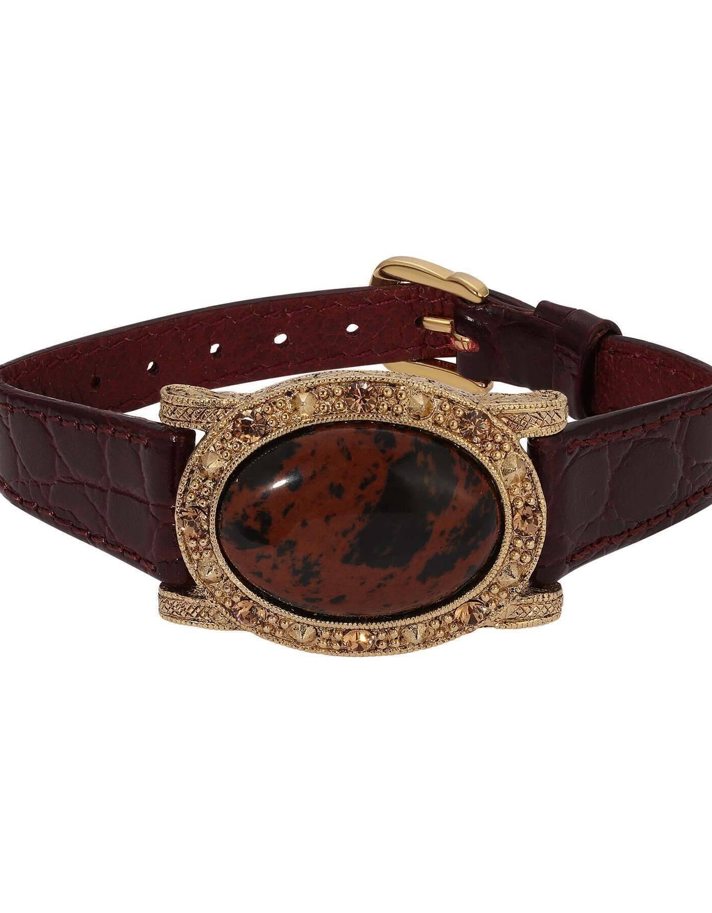 1928 Jewelry Oval Brown Obsidian Topaz Crystal Burgundy Leather Belt Bracelet