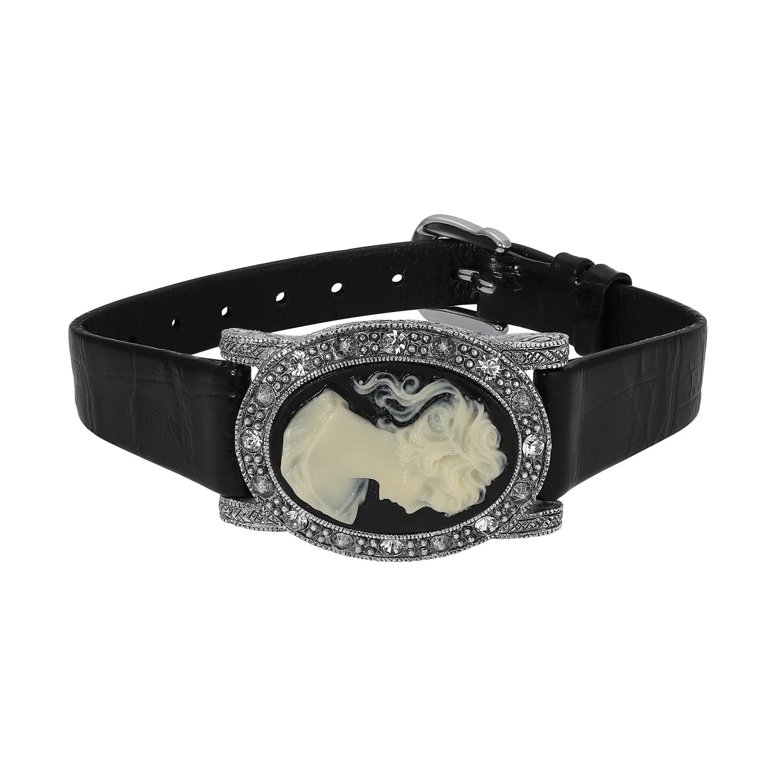 1928 Jewelry Black Diamond Crystal Cameo Crocodile Print Leather Belt Bracelet