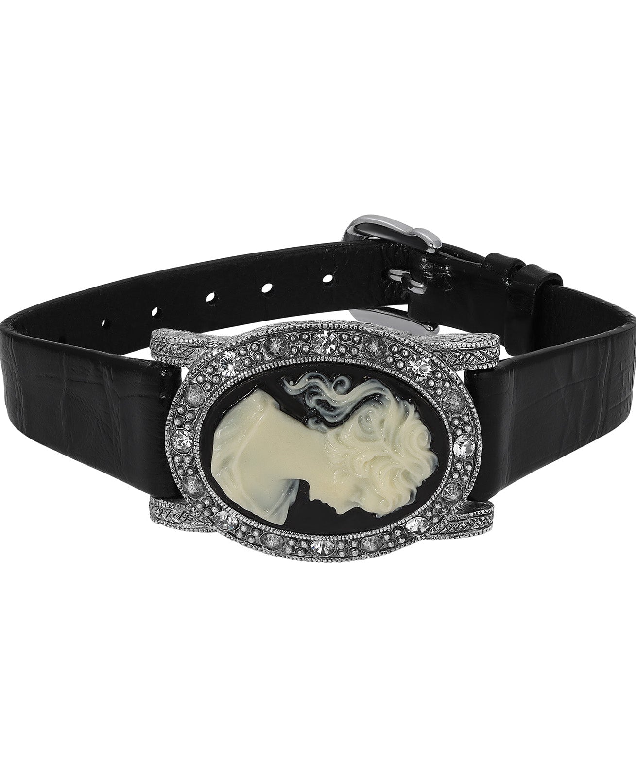 1928 Jewelry Black Diamond Crystal Cameo Crocodile Print Leather Belt Bracelet