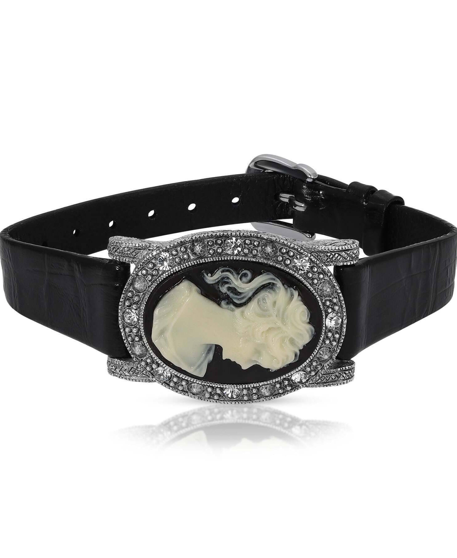 1928 Jewelry Black Diamond Crystal Cameo Crocodile Print Leather Belt Bracelet