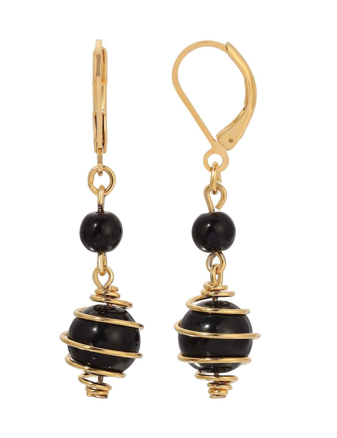 1928 Jewelry Wrapped Caged Jet Black Bead Dangling Earrings