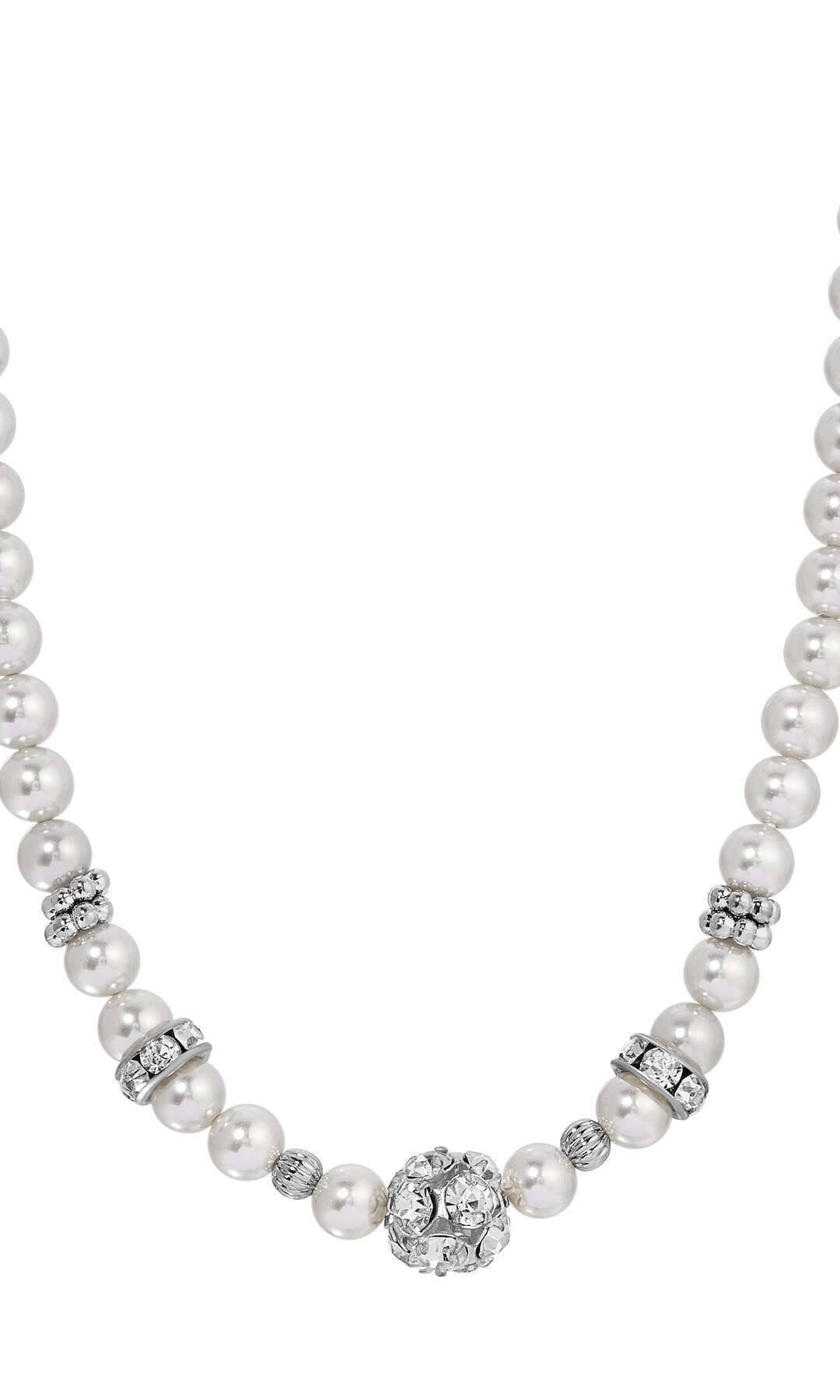 1928 Jewelry Fireball Crystal & Light Grey Faux Pearl Strand Necklace 15" + 3" Extender