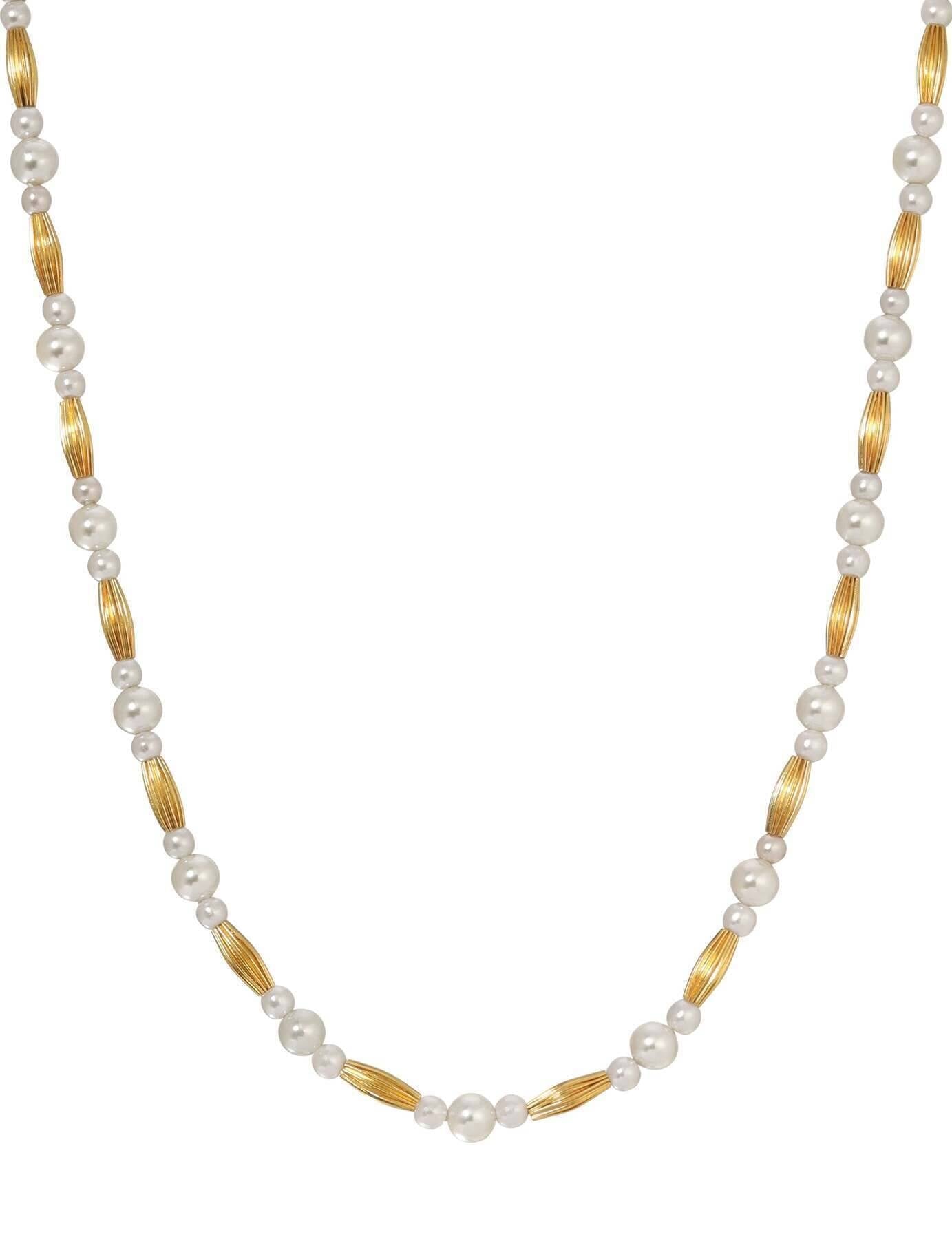 1928 Jewelry Gold Oblong Corrugated Bead Light Grey Faux Pearl Necklace 15" + 3" Extension