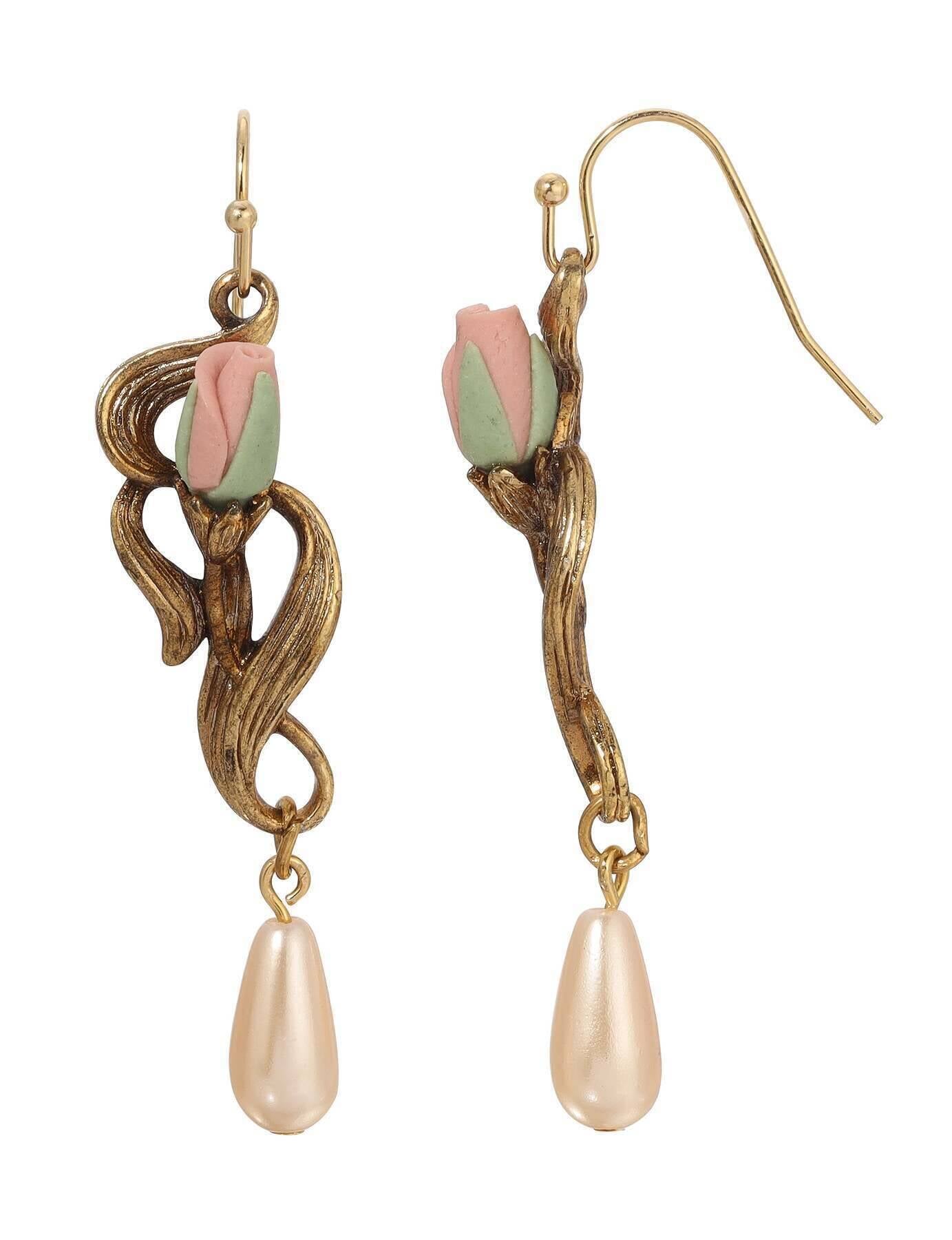 1928 Jewelry Pink Porcelain Rose Bud & Champagne Faux Pearl Teardrop Dangling Earrings