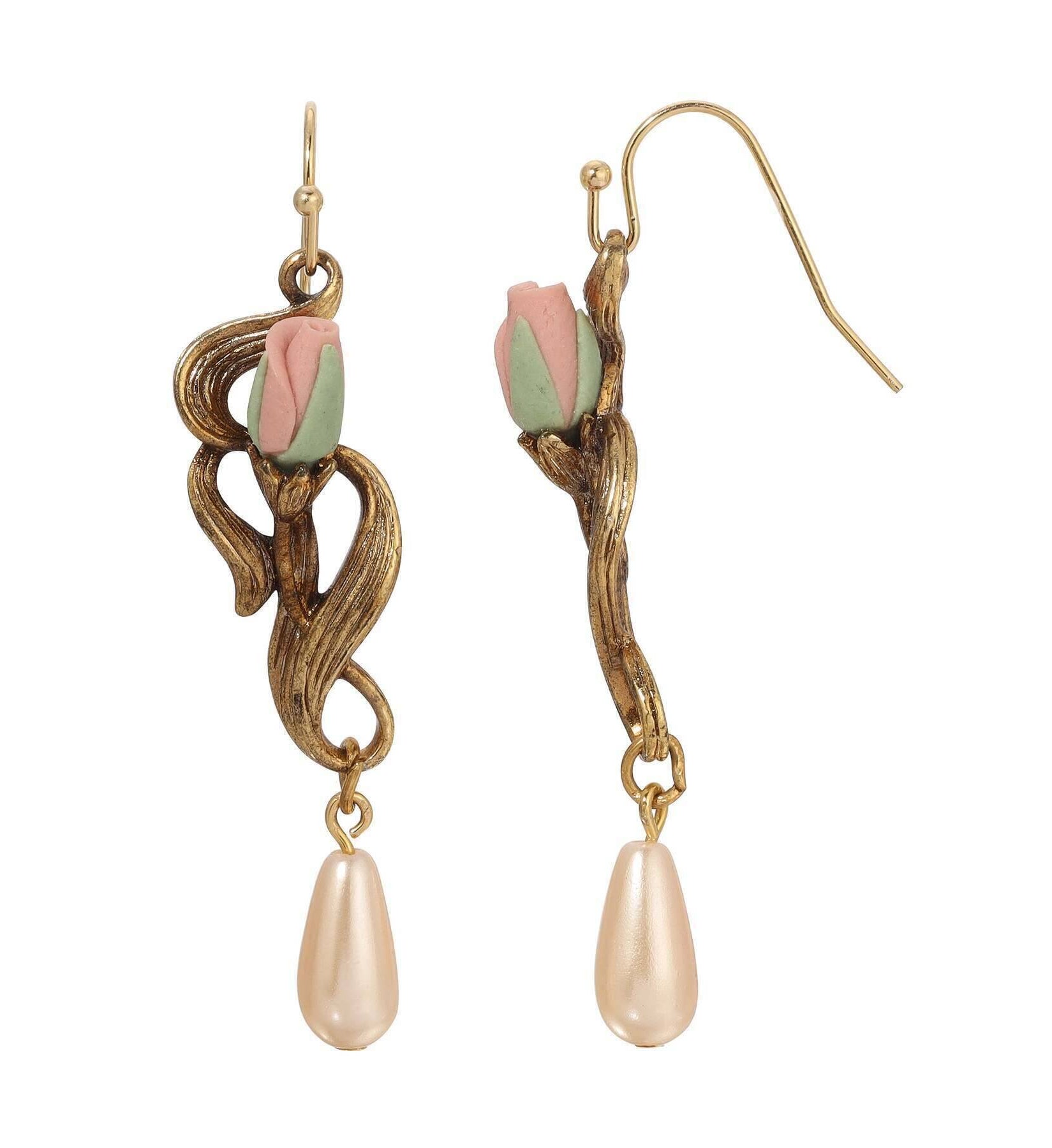 1928 Jewelry Pink Porcelain Rose Bud & Champagne Faux Pearl Teardrop Dangling Earrings