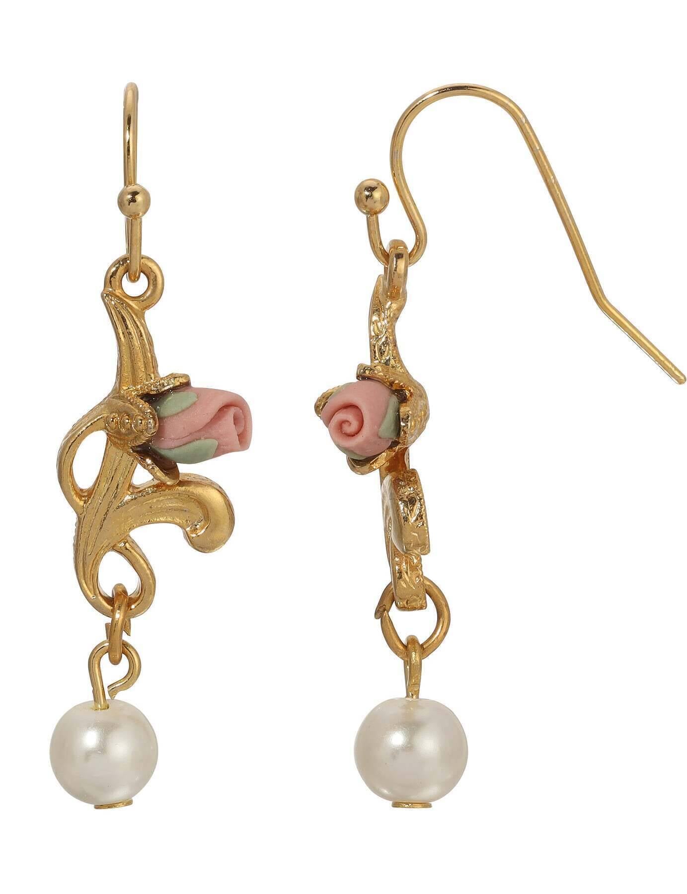 1928 Jewelry Pink Porcelain Rose Bud & Faux Pearl Dangling Earrings