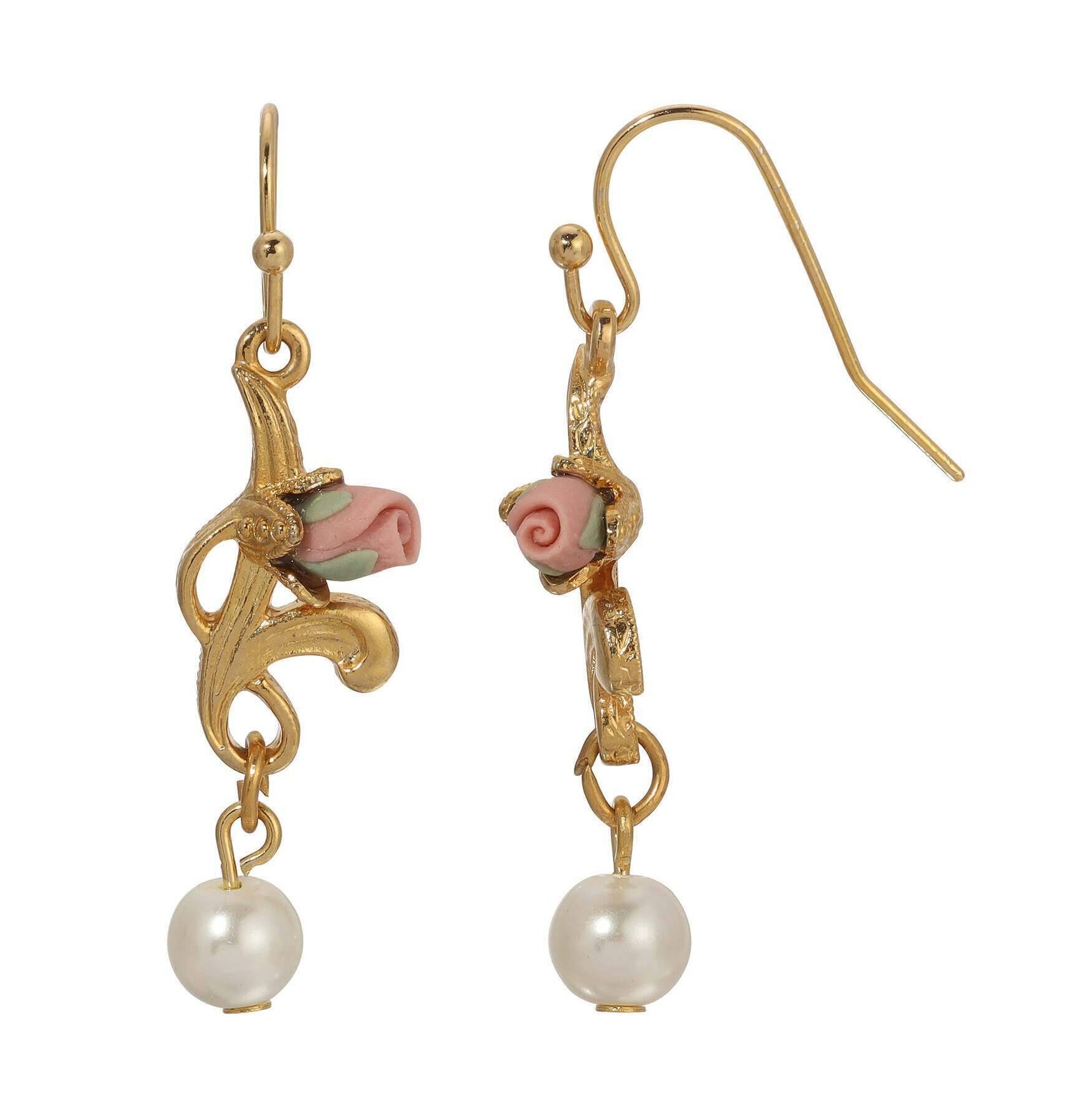 1928 Jewelry Pink Porcelain Rose Bud & Faux Pearl Dangling Earrings