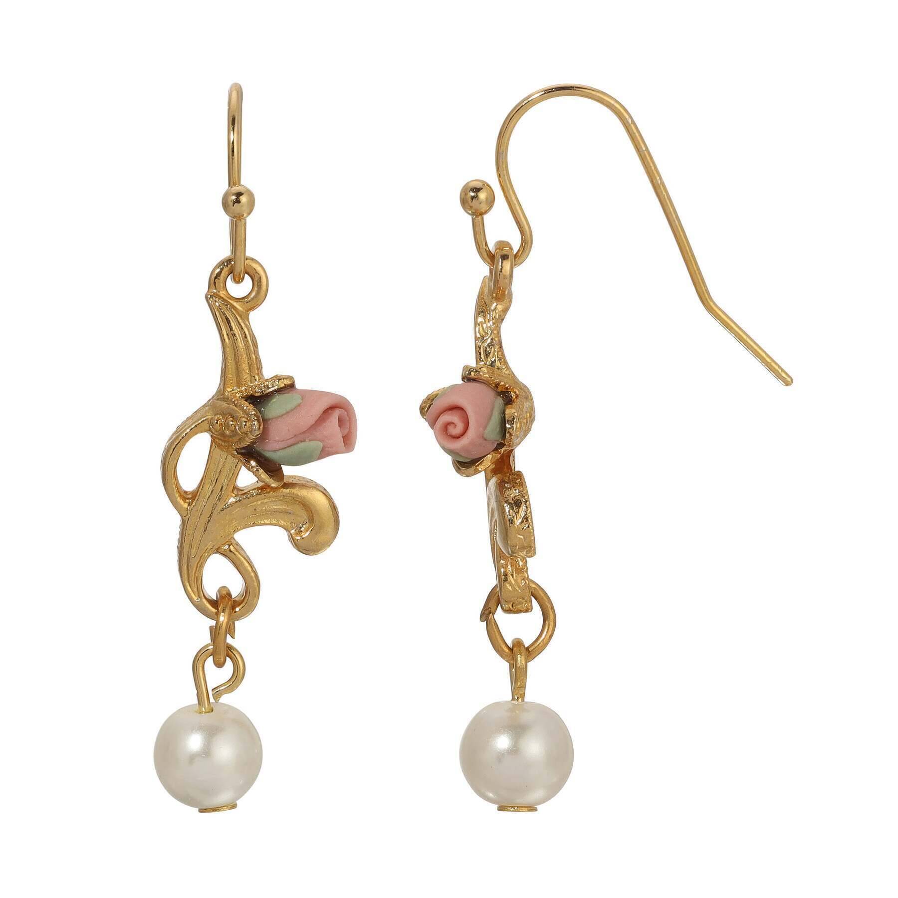 1928 Jewelry Pink Porcelain Rose Bud & Faux Pearl Dangling Earrings