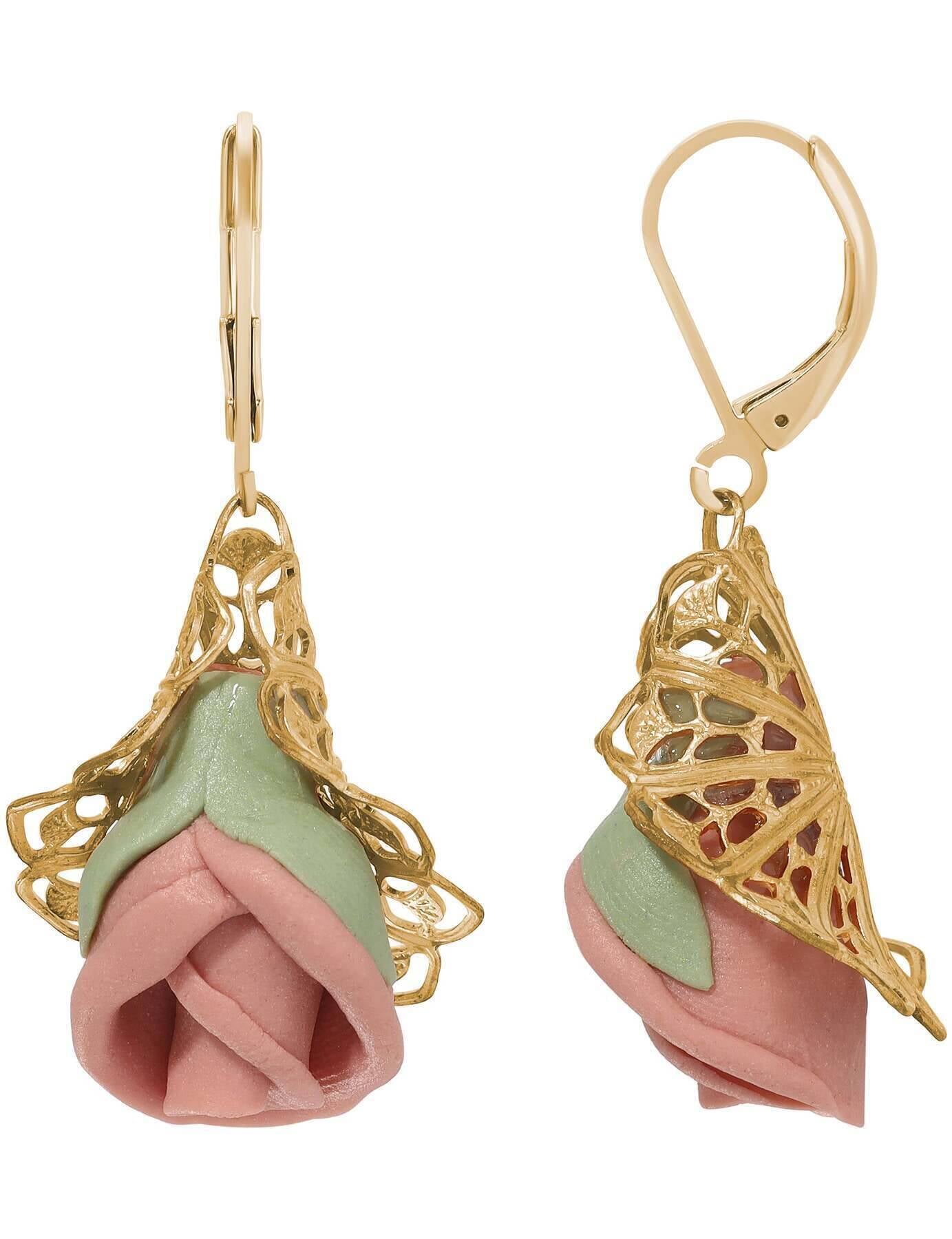 1928 Jewelry Hanging Porcelain Rose Filigree Drop Earrings