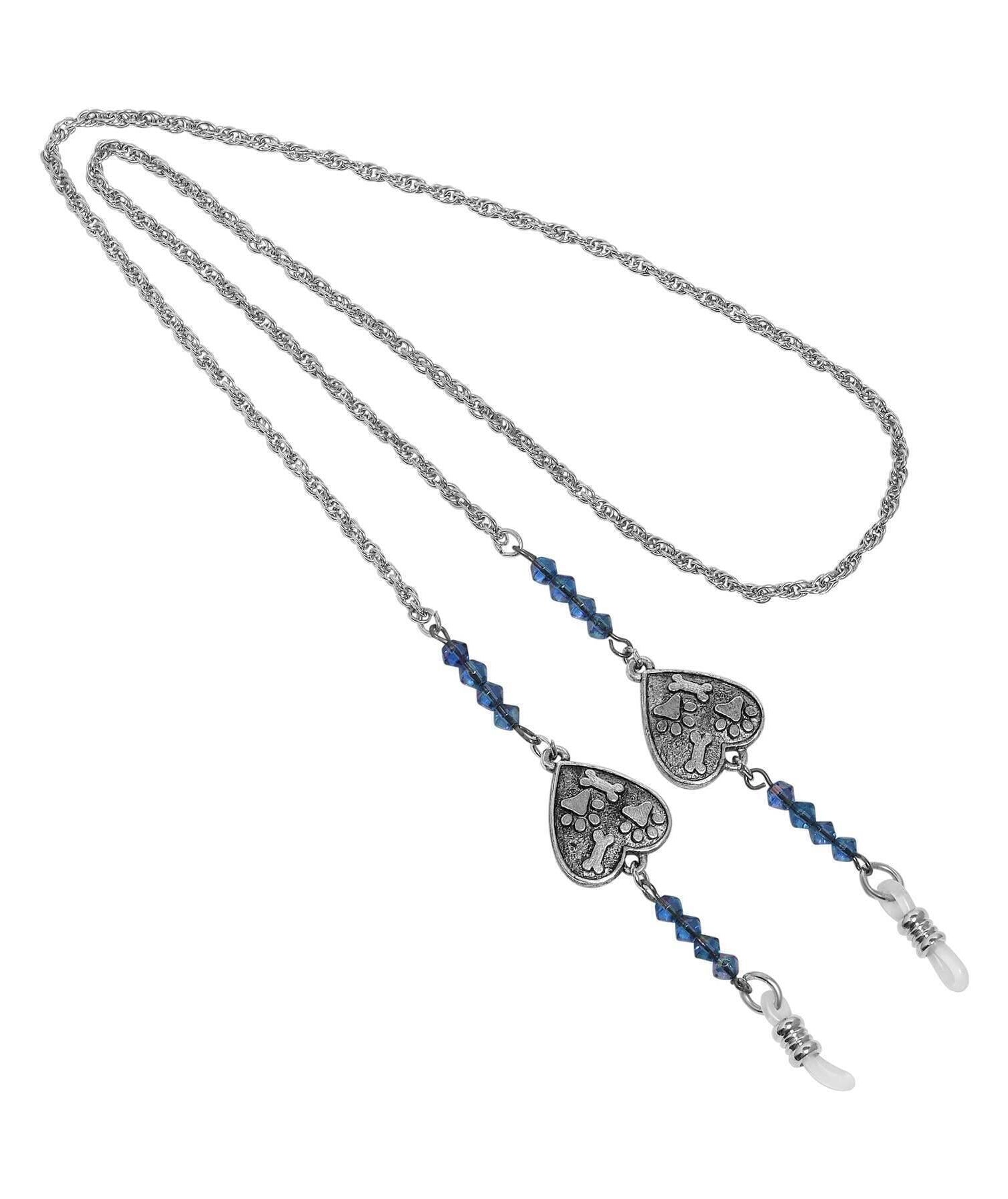 1928 Jewelry Sapphire Blue Heart Paw & Bones Eyeglass Holder Chain Necklace 26"