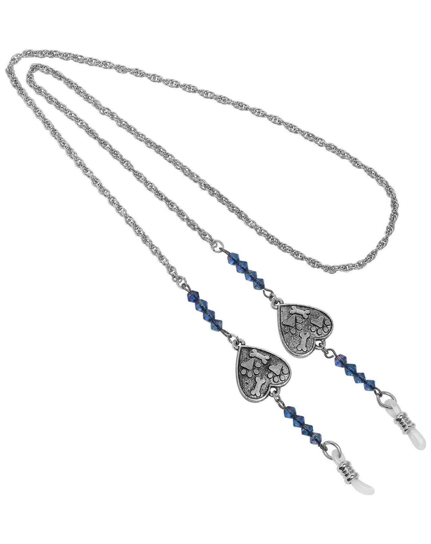 1928 Jewelry Sapphire Blue Heart Paw & Bones Eyeglass Holder Chain Necklace 26"