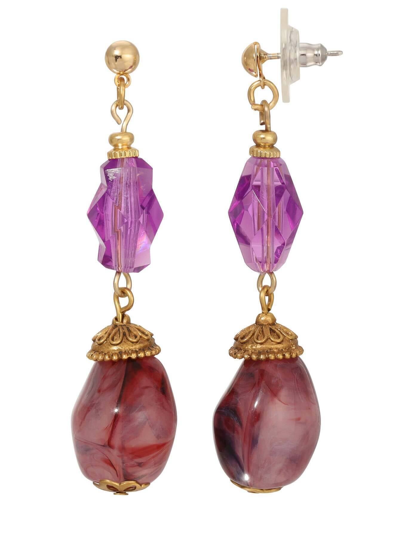 1928 Jewelry Irregular Milk Amethyst Beaded & Crystal Post Dangle Earrings