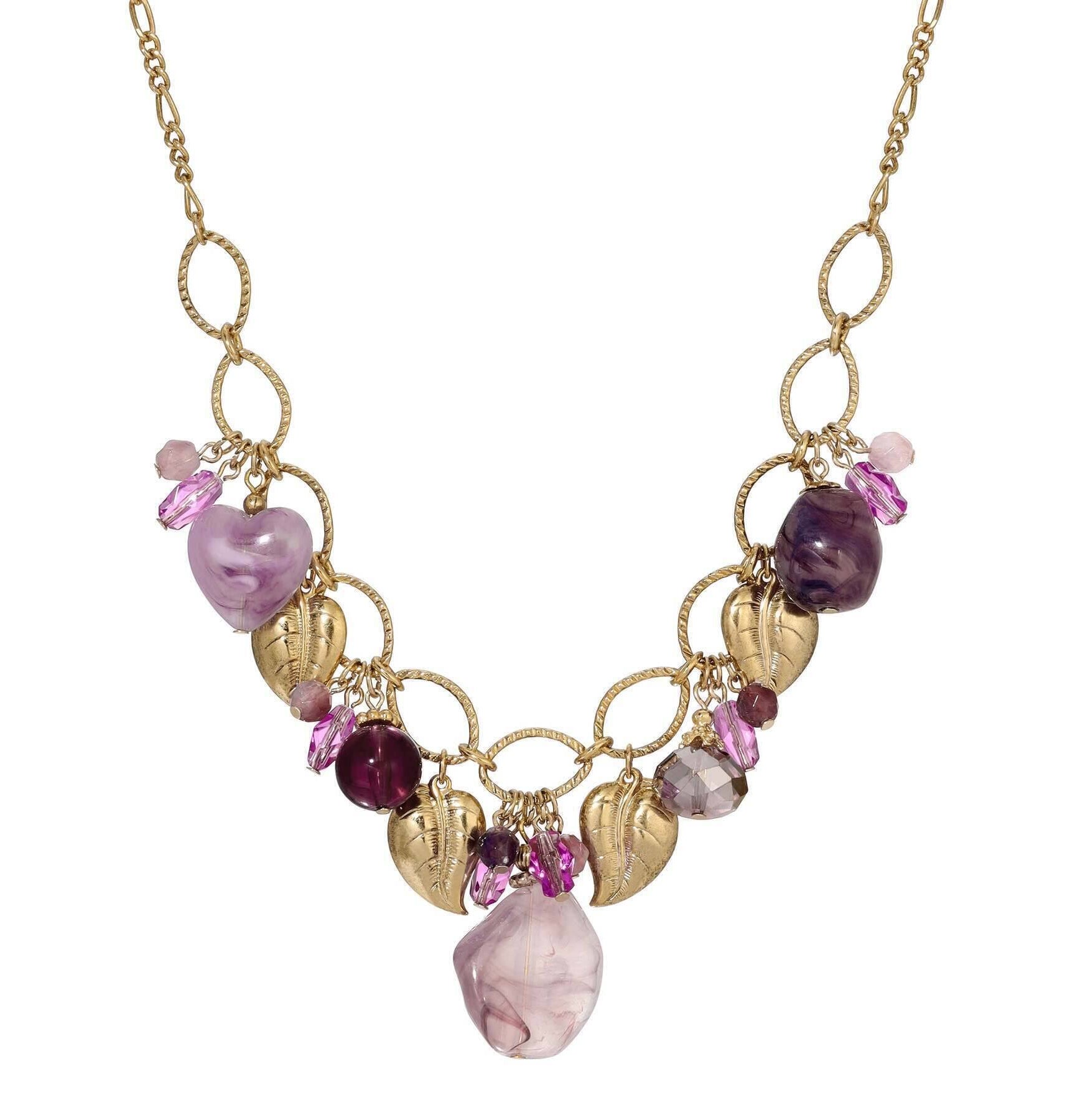 1928 Jewelry Irregular Milky Amethyst & Gold Leaf Charms Necklace 16" + 3" Extension