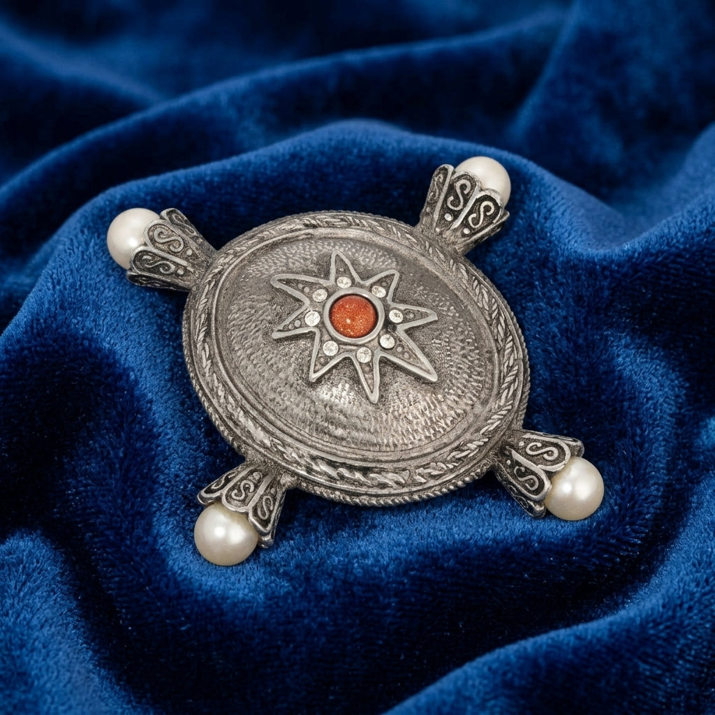 Decorative silver brooch with pearls on a blue velvet background
