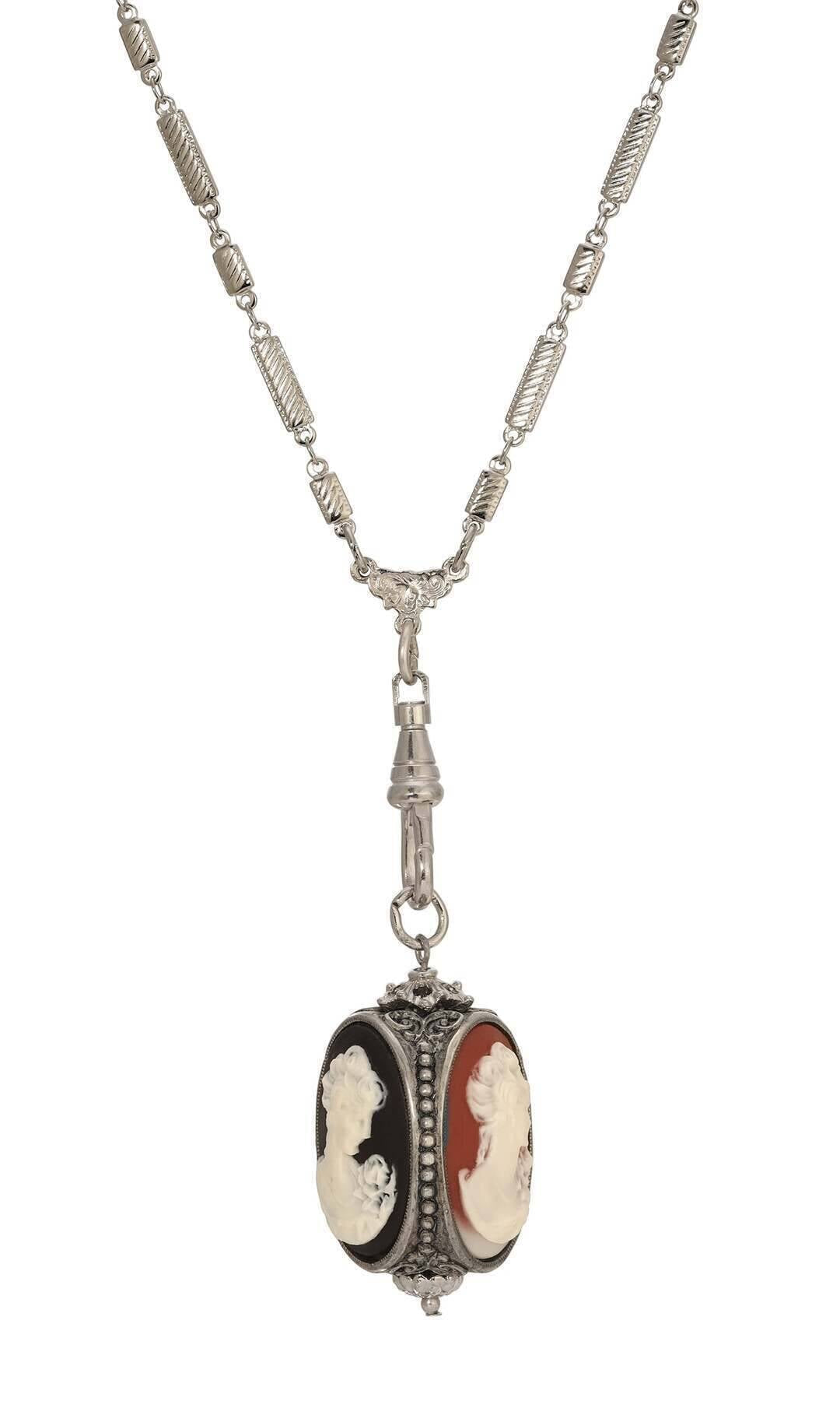 1928 Jewelry Tripe Victorian Cameo Swivel Pendant Necklace 28"