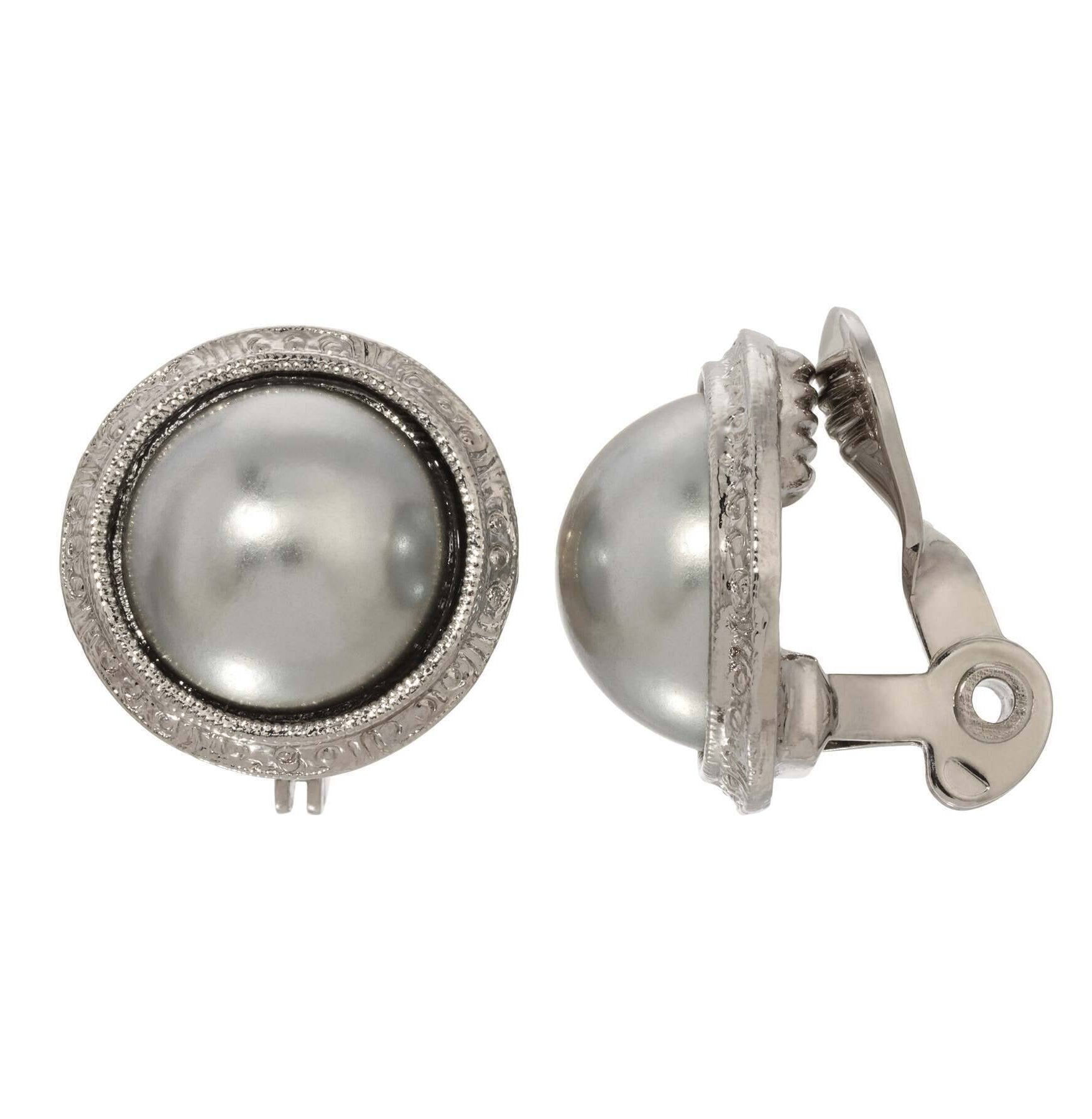 1928 Jewelry Round Gray Faux Pearl Clip On Earrings