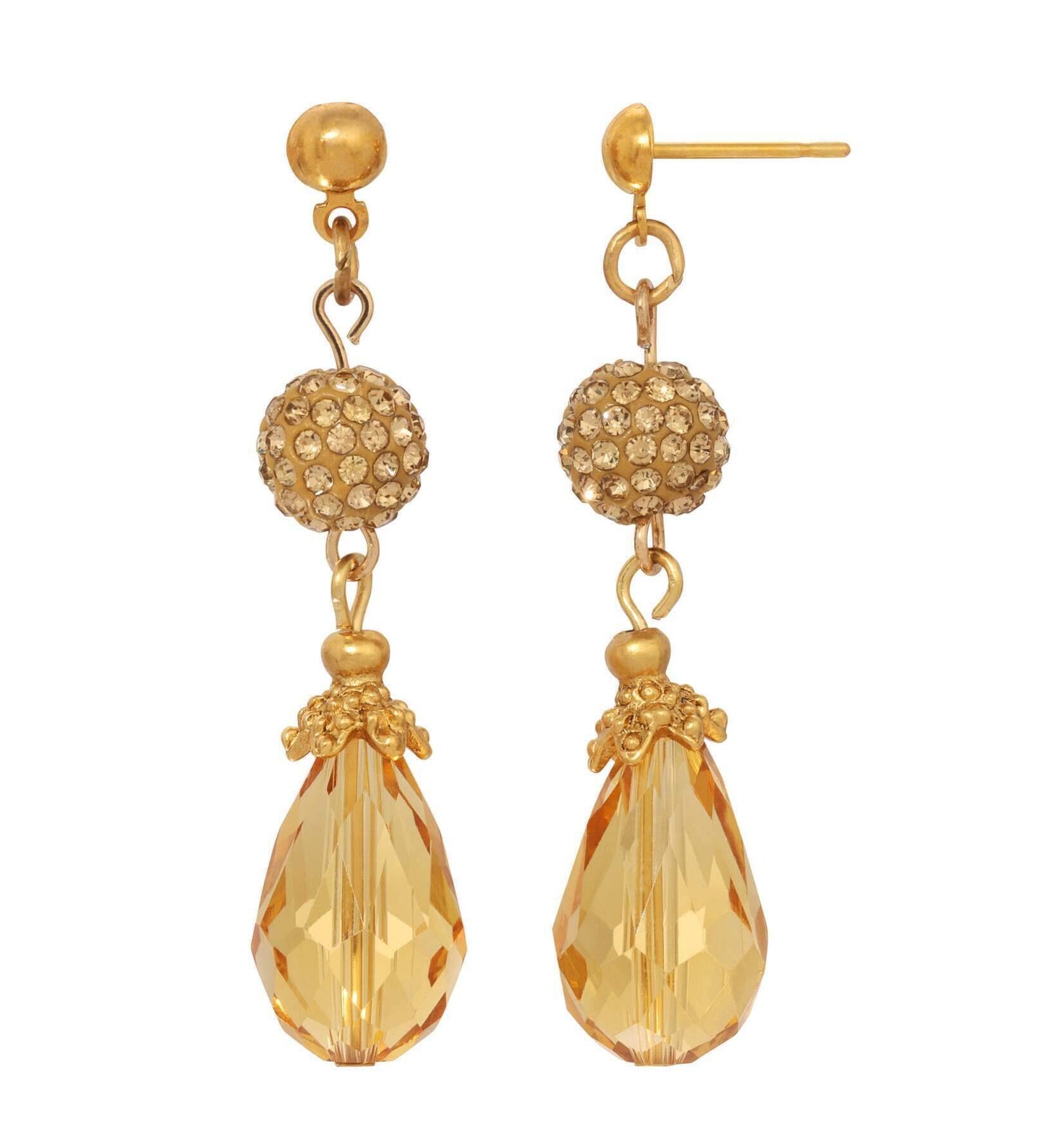 1928 Jewelry Light Topaz Fireball Crystal & Pear Shaped Topaz Crystal Dangling Earrings