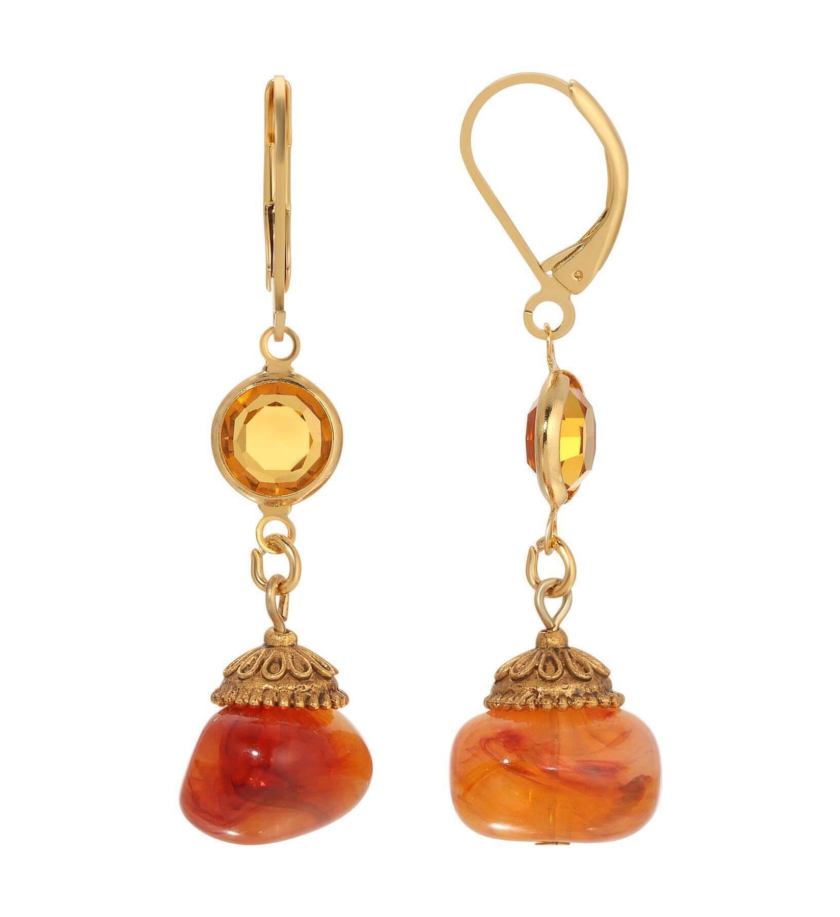1928 Jewelry Marble Effect Carnelian Beads & Topaz Channel Crystals Dangling Earrings