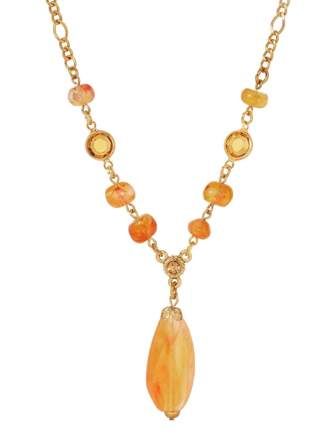 1928 Jewelry Topaz Crystals & Carnelian Marble Effect Pendant Necklace 15" + 3" Extension