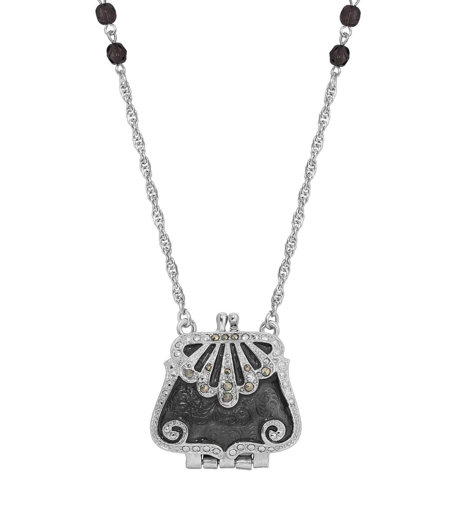 1928 Jewelry Deco Crystal Clutch Purse Locket Necklace 32"