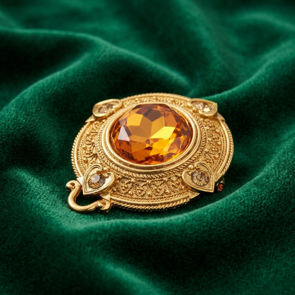 Gold tone brooch pin with giant topaz crystal center and smaller topaz crystal accents resting on a dark green fabric