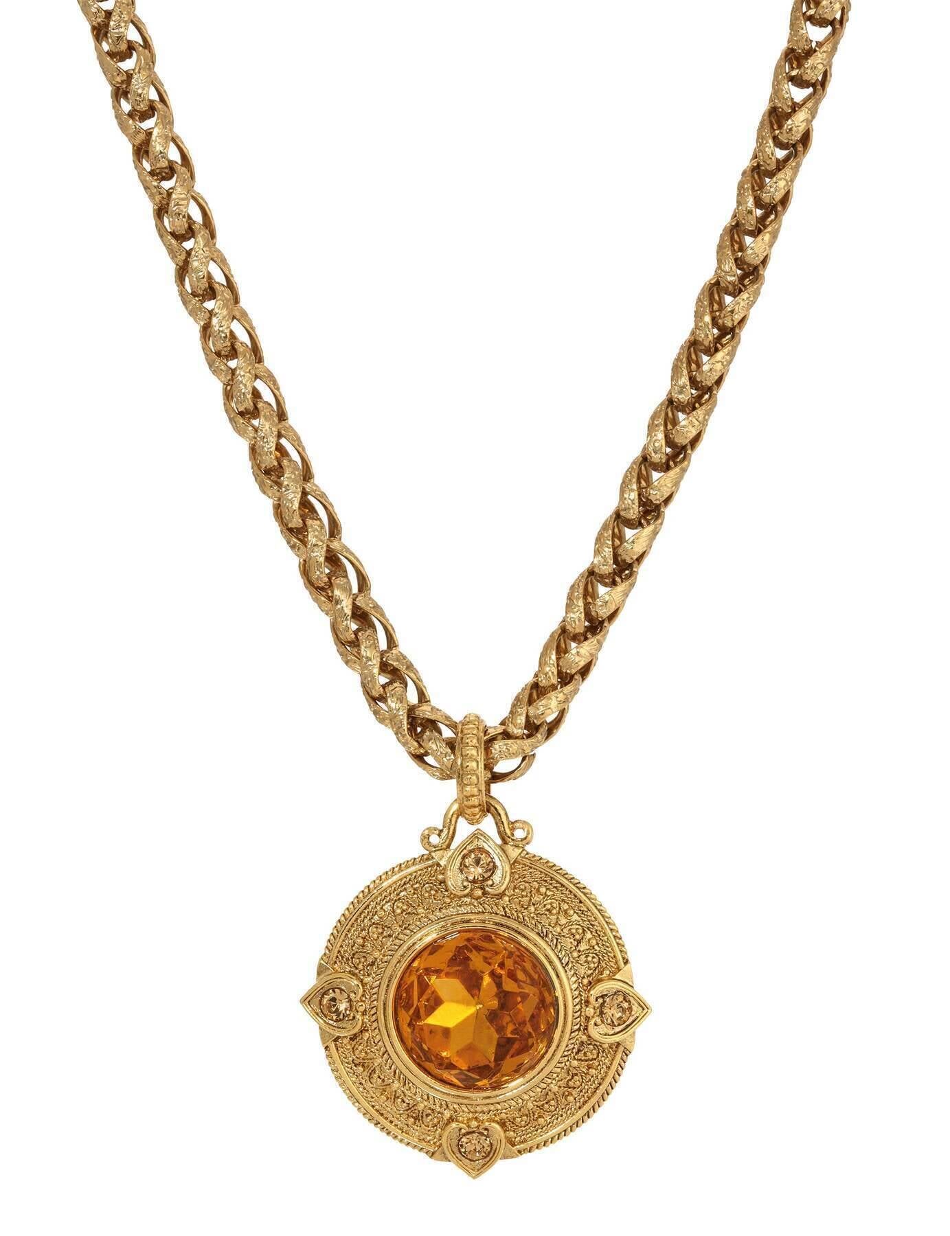 1928 Jewelry Heart & Topaz Crystals Round Pendant Necklace 16" + 3" Extension