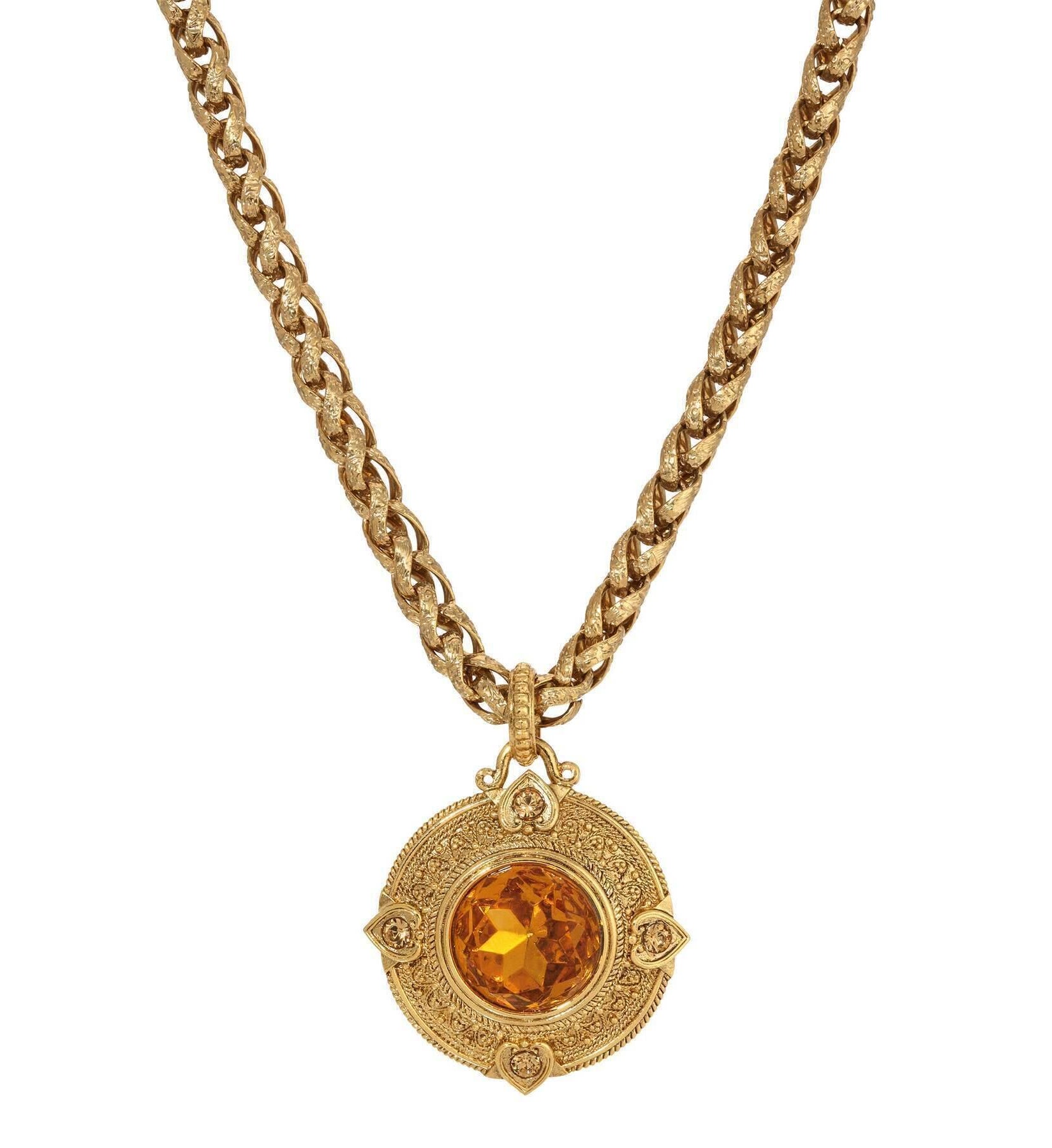 1928 Jewelry Heart & Topaz Crystals Round Pendant Necklace 16" + 3" Extension