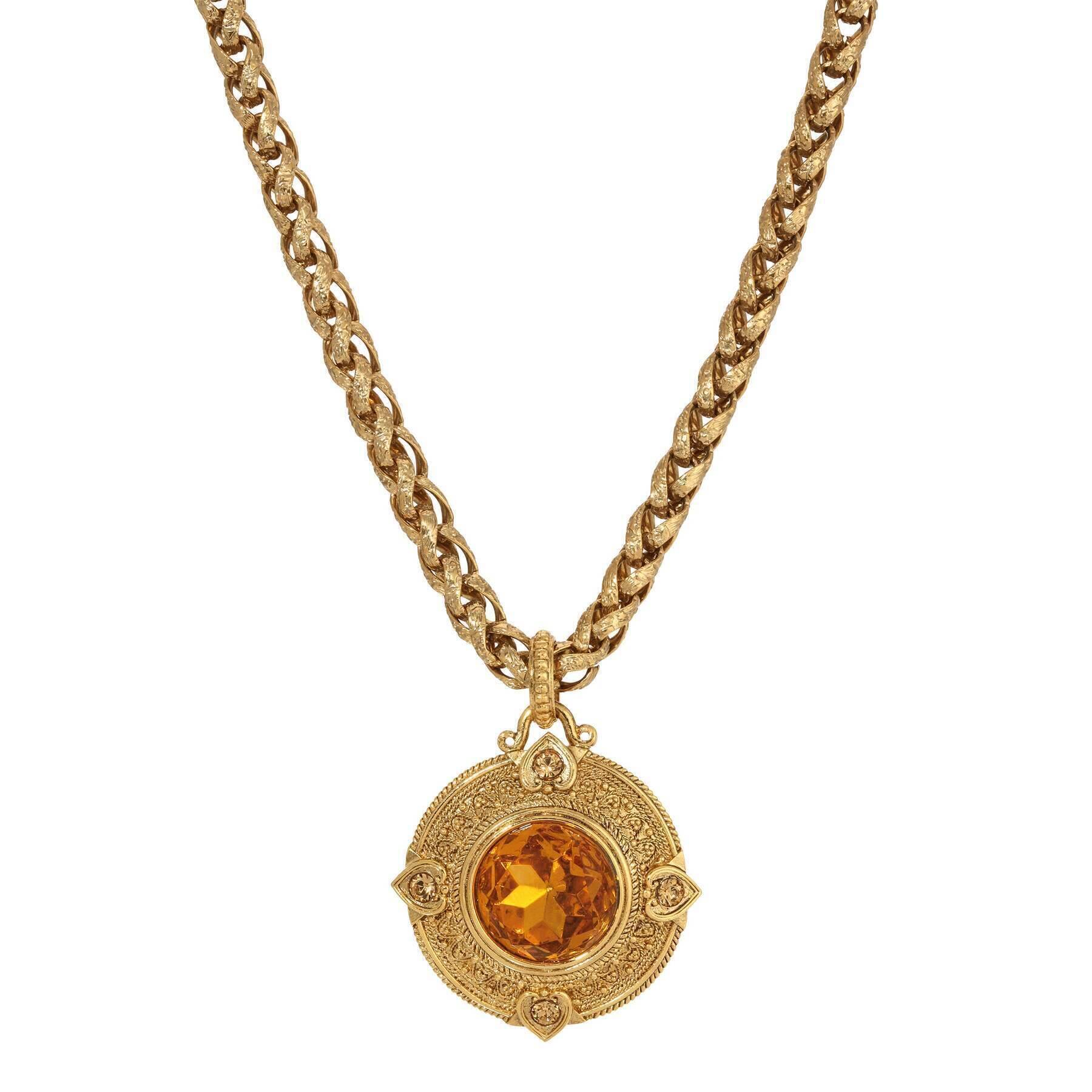 1928 Jewelry Heart & Topaz Crystals Round Pendant Necklace 16" + 3" Extension