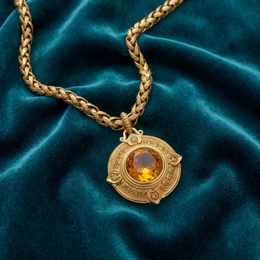 Gold necklace with a topaz pendant featuring a amber stone on a teal fabric background