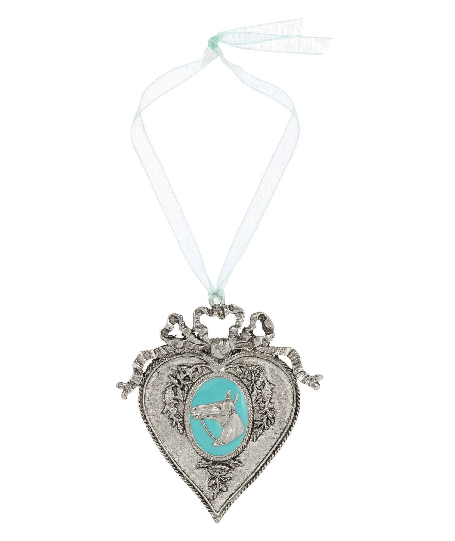 1928 Jewelry Turquoise Enamel Horsehead Oak Flower & Vine Aqua Blue Ribbon Heart Christmas Tree Ornament