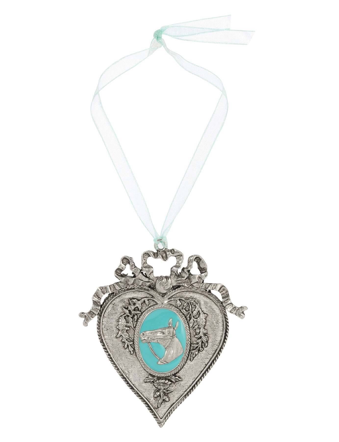 1928 Jewelry Turquoise Enamel Horsehead Oak Flower & Vine Aqua Blue Ribbon Heart Christmas Tree Ornament