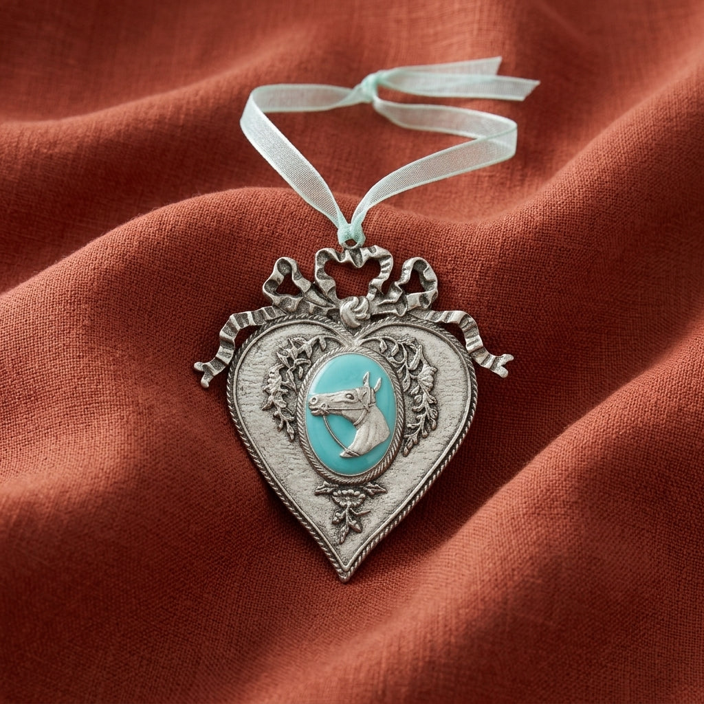 Decorative heart-shaped ornament with a horse emblem in turquoise enamel on a red fabric background