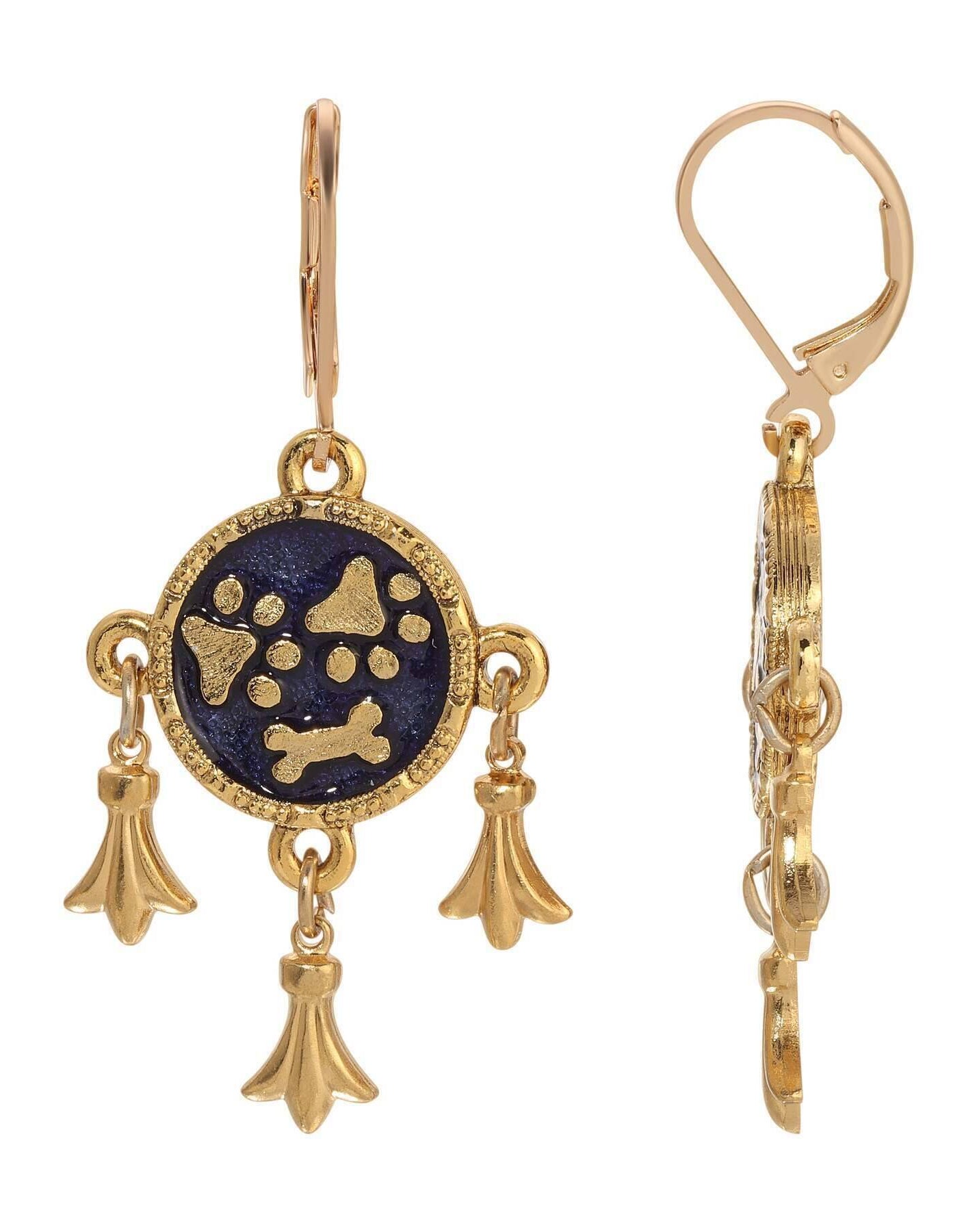 1928 Jewelry Sapphire Blue Enamel Paws And Bone Dangling Charms Earrings