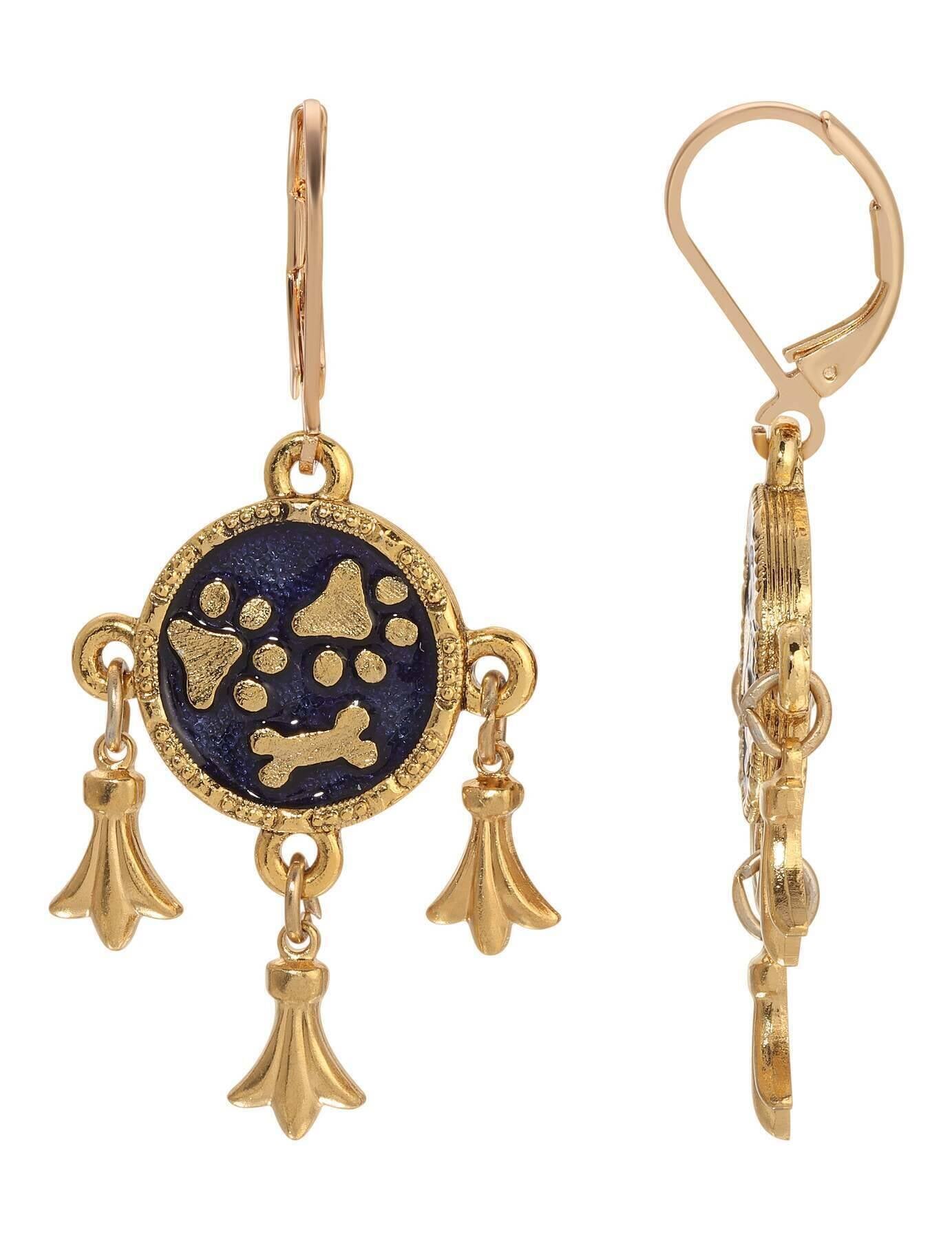 1928 Jewelry Sapphire Blue Enamel Paws And Bone Dangling Charms Earrings