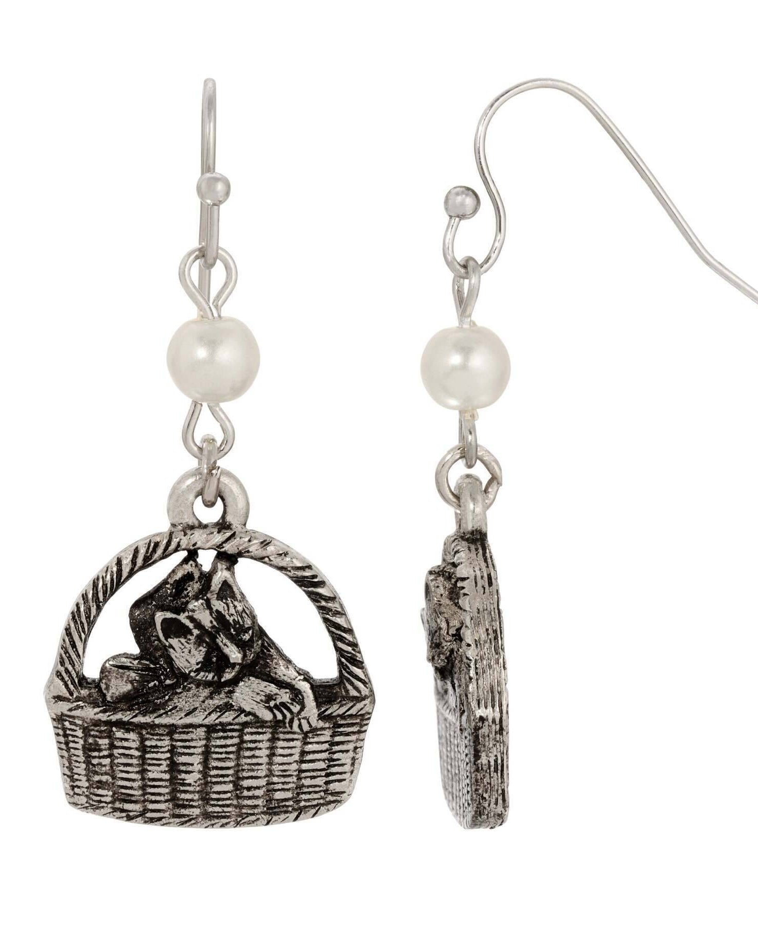 1928 Jewelry Faux Pearl Cat In Handbasket Dangling Earrings