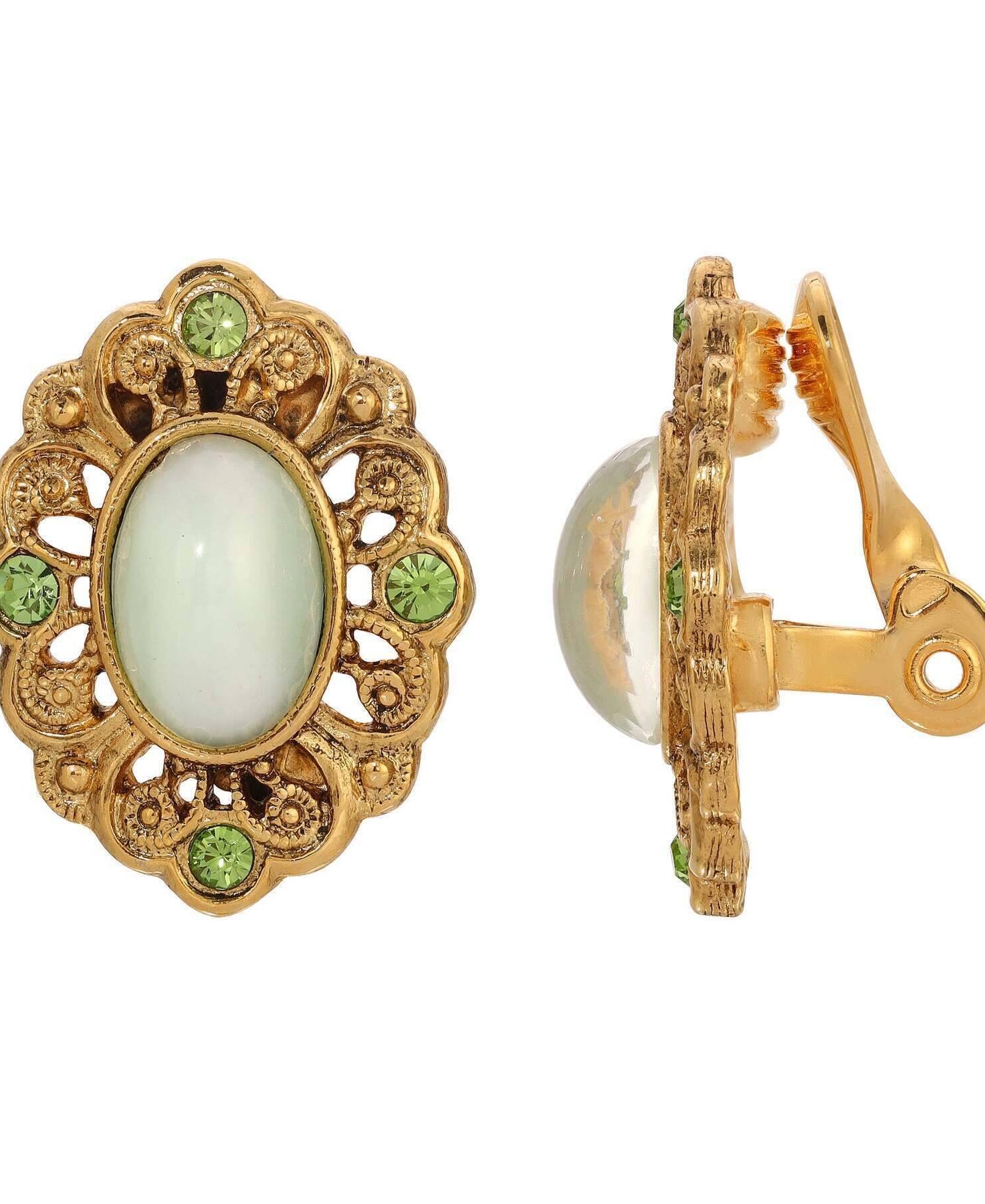 1928 Jewelry Light Green Cat's Eye & Peridot Green Crystal Filigree Clip On Earrings