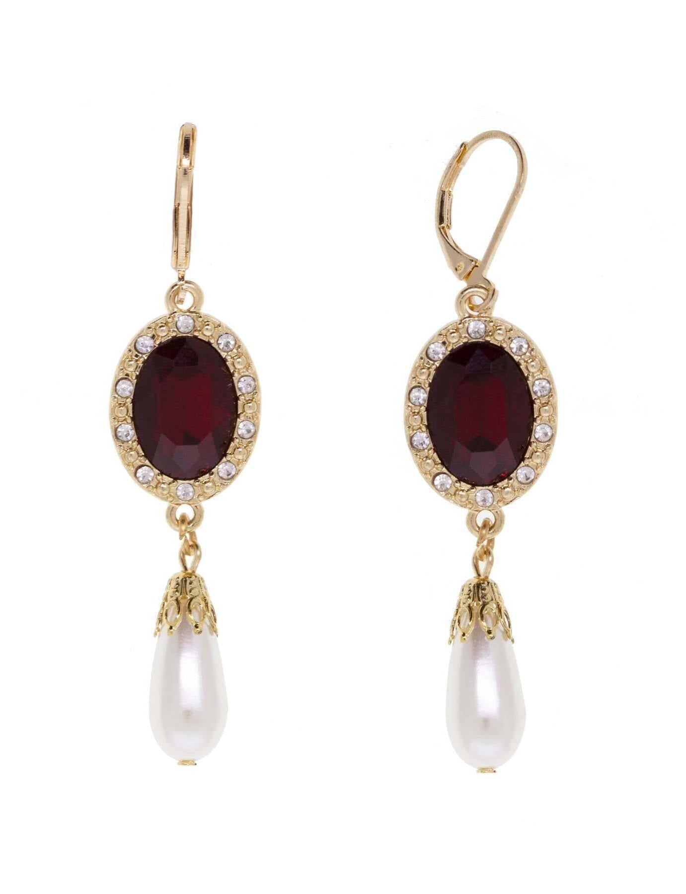 1928 Jewelry Siam Red & Clear Crystals Faux Pearl Dangling Earrings
