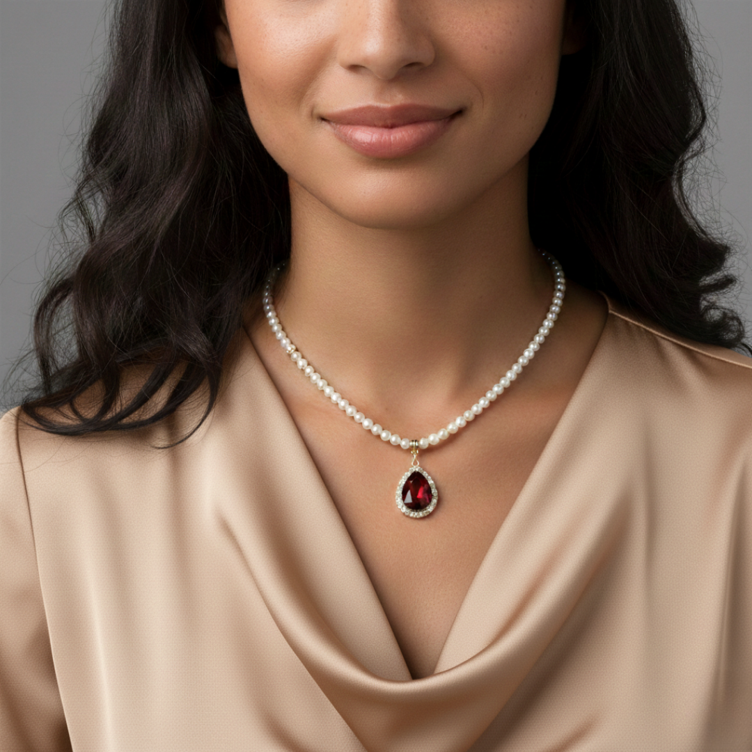Woman wearing a faux pearl necklace with a red gemstone teardrop pendant lined by crystals against a neutral background
