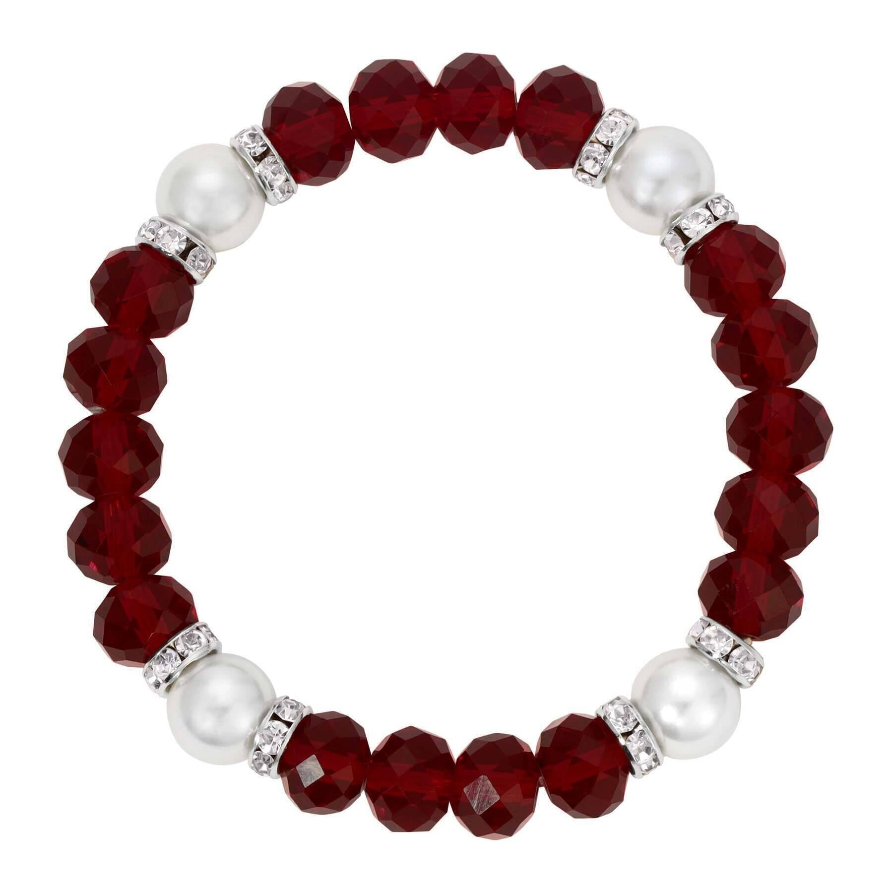 1928 Jewelry Siam Red Crystals & Glass Pearls Elegance Stretch Bracelet
