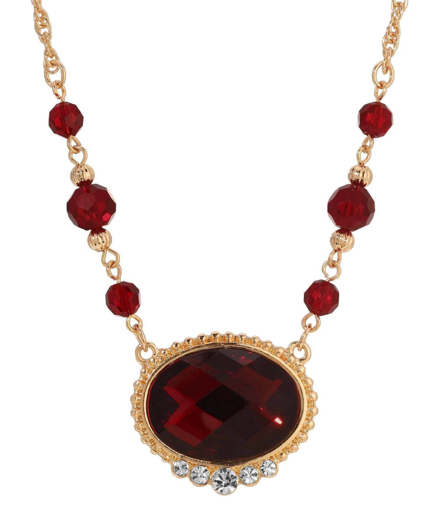 1928 Jewelry Radiant Siam Red Oval Stone & Glass Crystal Pendant Necklace 16" + 3" Extender