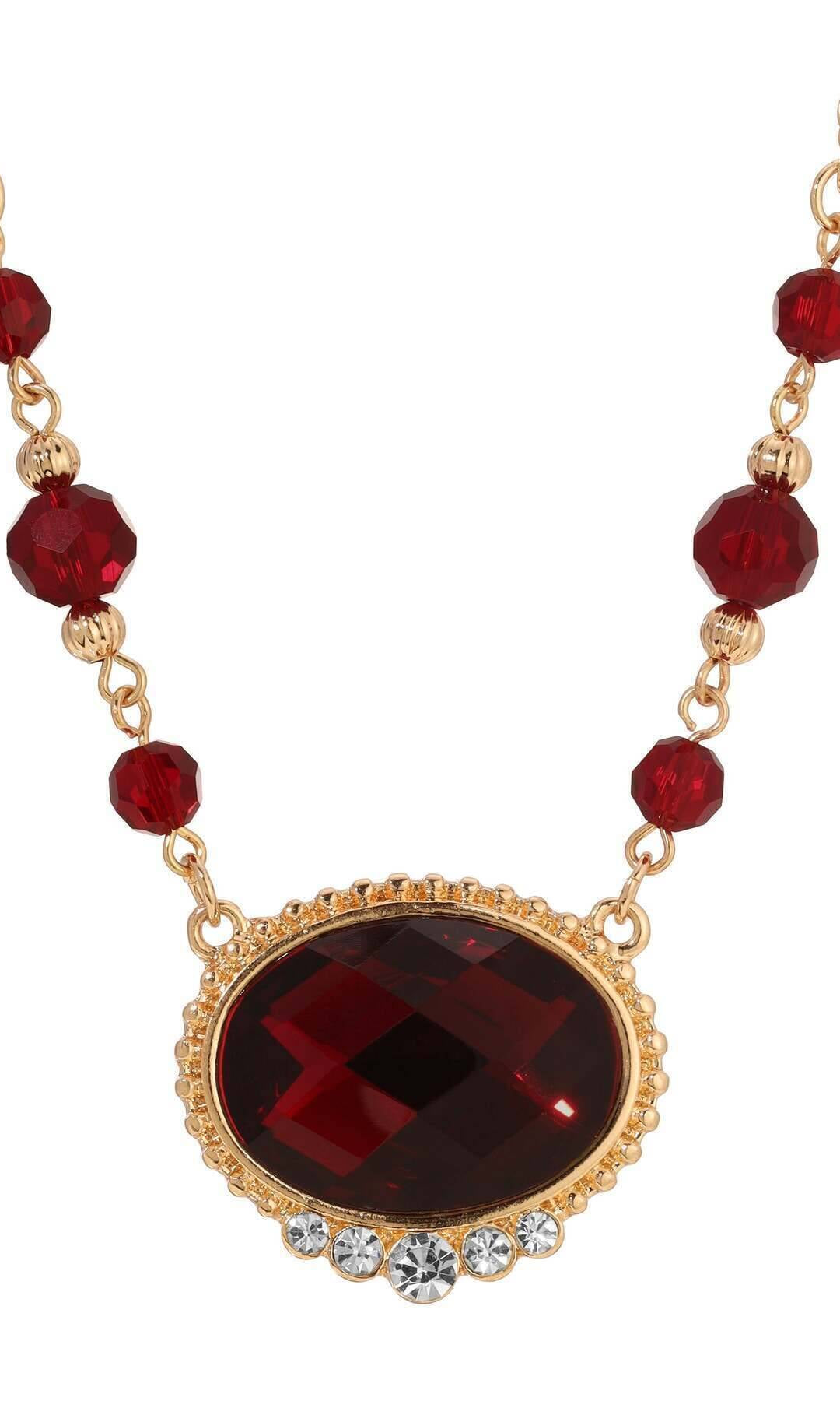 1928 Jewelry Radiant Siam Red Oval Stone & Glass Crystal Pendant Necklace 16" + 3" Extender