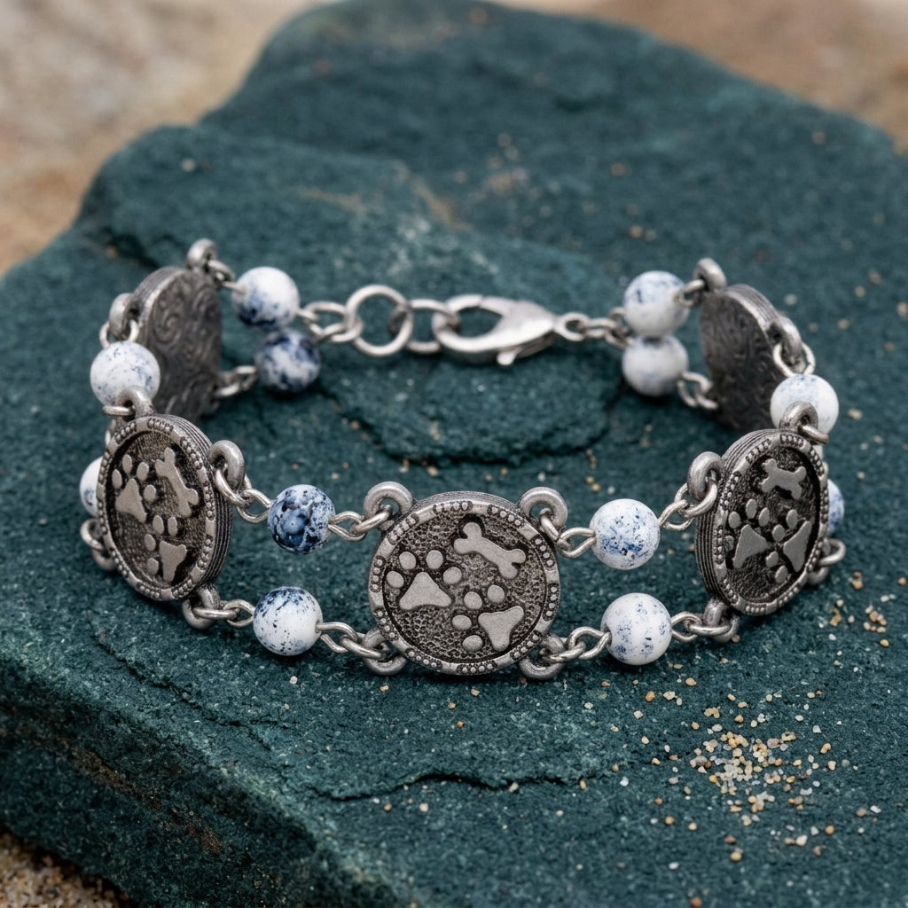 Silver bracelet with decorative elements and beads on a textured green surface