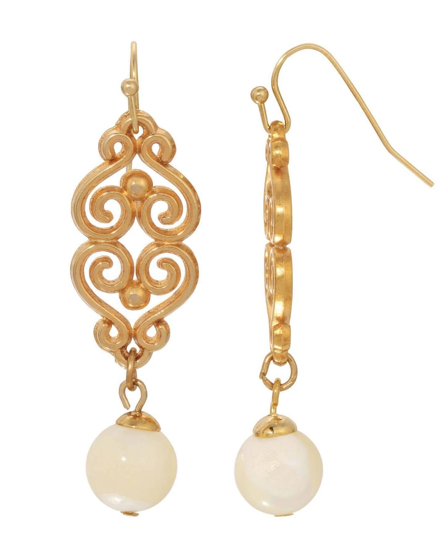 1928 Jewelry Heart Filigree Mother Of Pearl Dangling Earrings