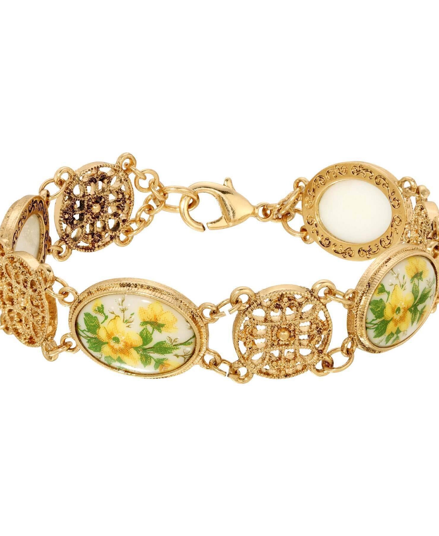 1928 Jewelry Meso Round Intricate Filigree Yellow Flower Bloom Glass Stone Link Bracelet