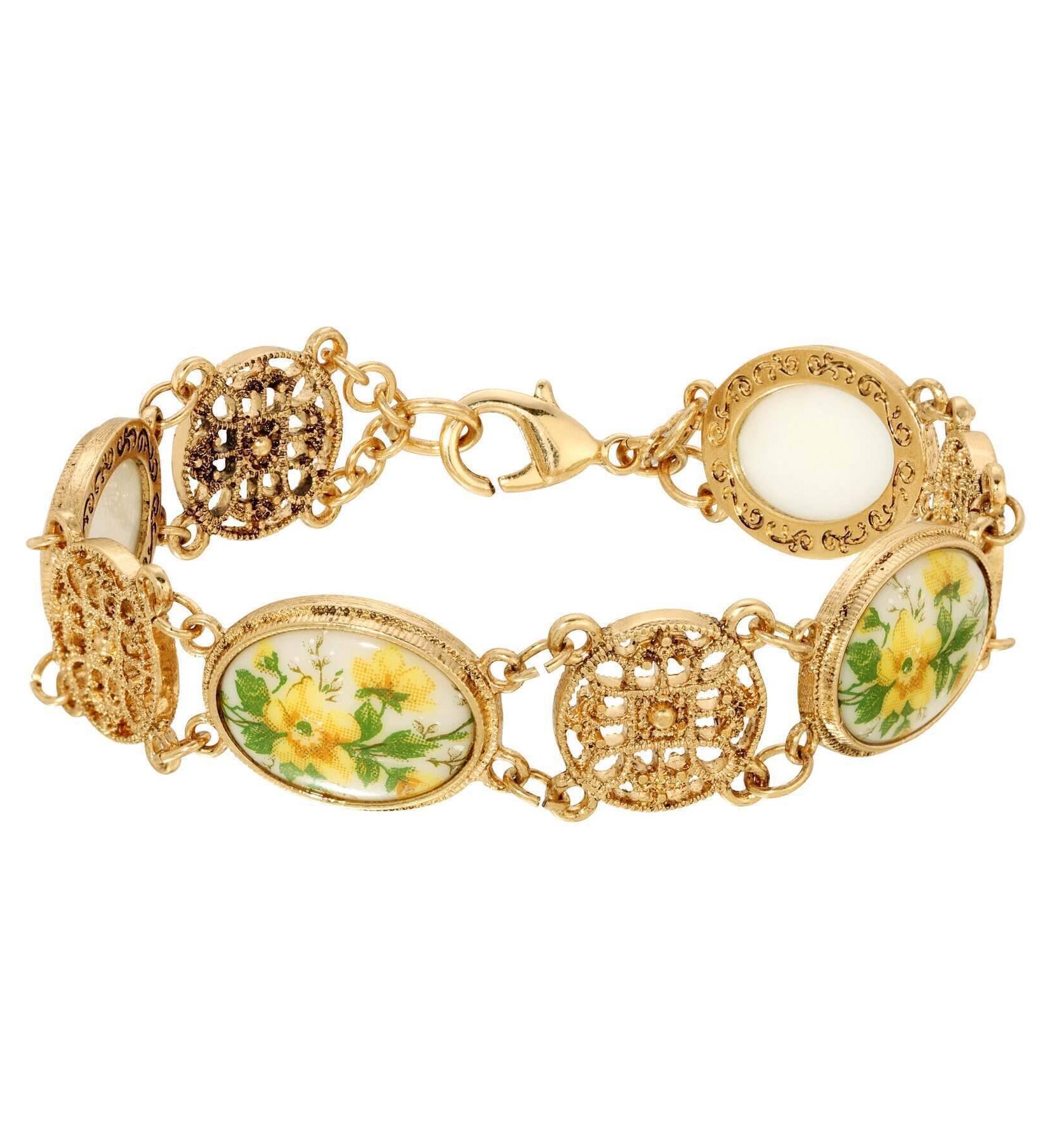 1928 Jewelry Meso Round Intricate Filigree Yellow Flower Bloom Glass Stone Link Bracelet